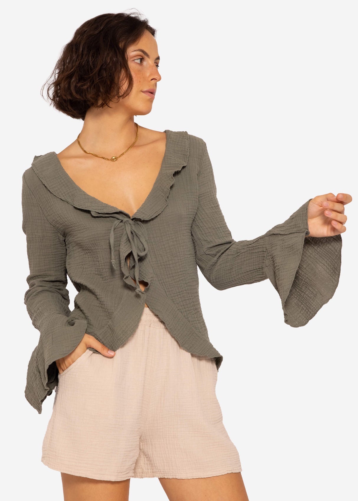 Muslin cardigan with flounces, khaki