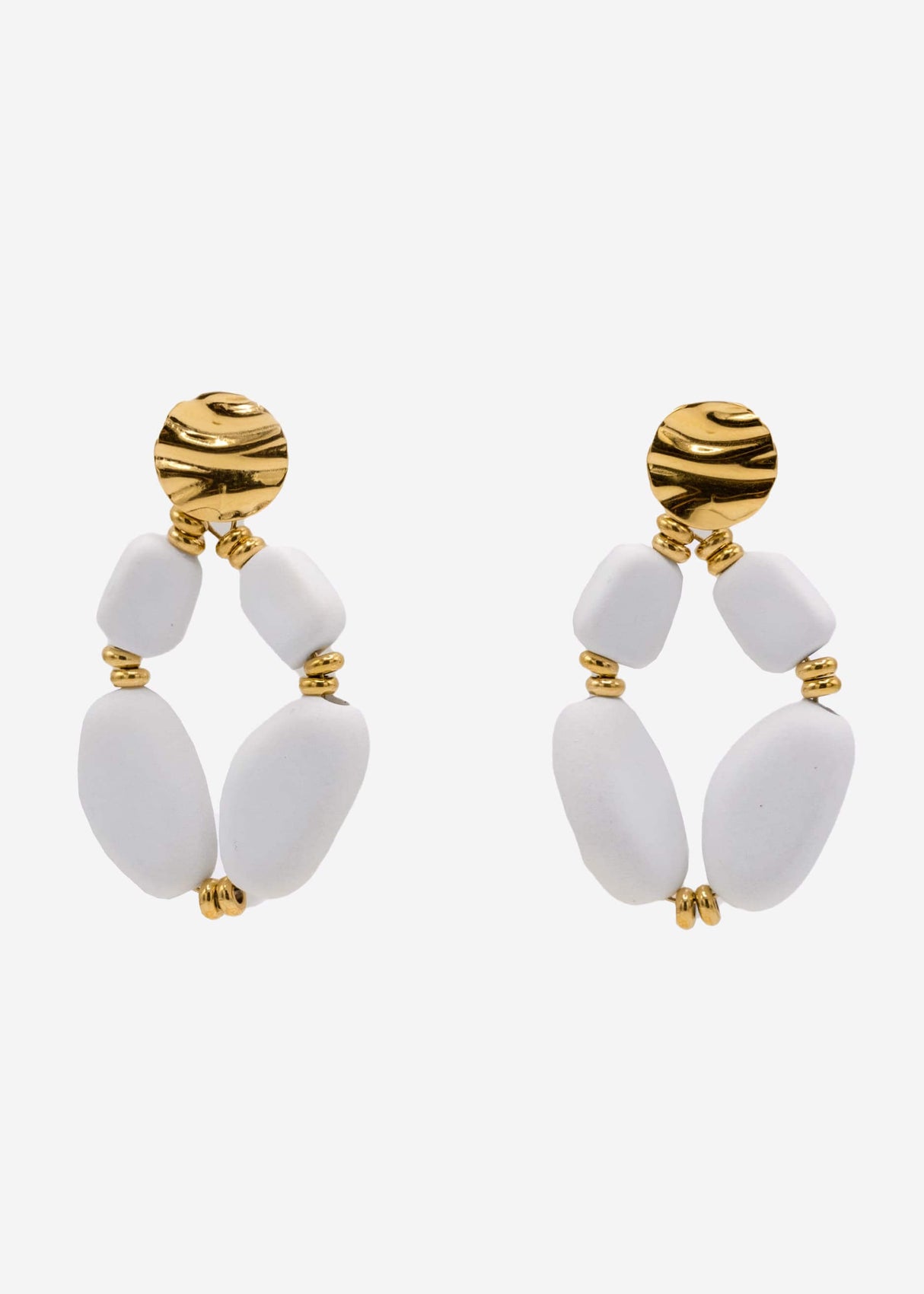 Gold earrings with large pearls, matt white