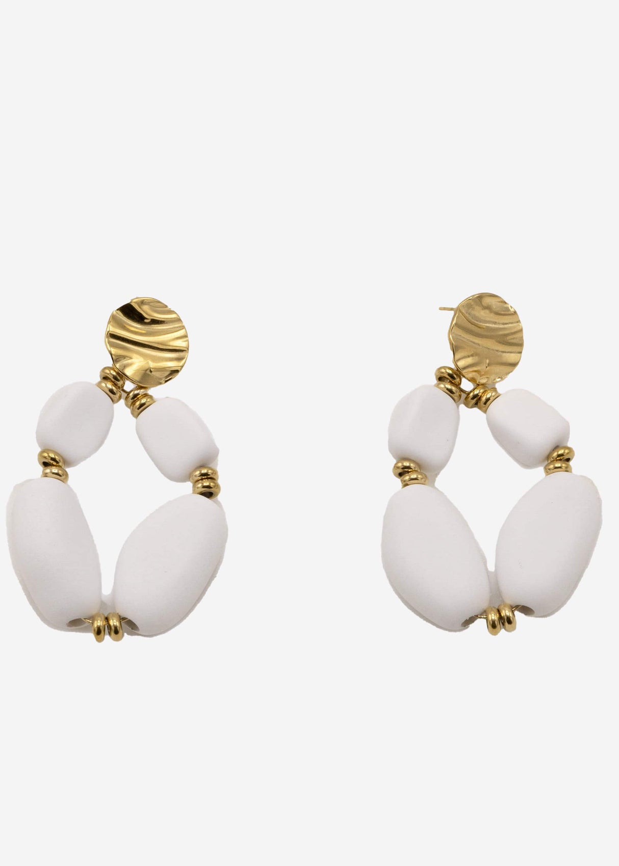 Gold earrings with large pearls, matt white