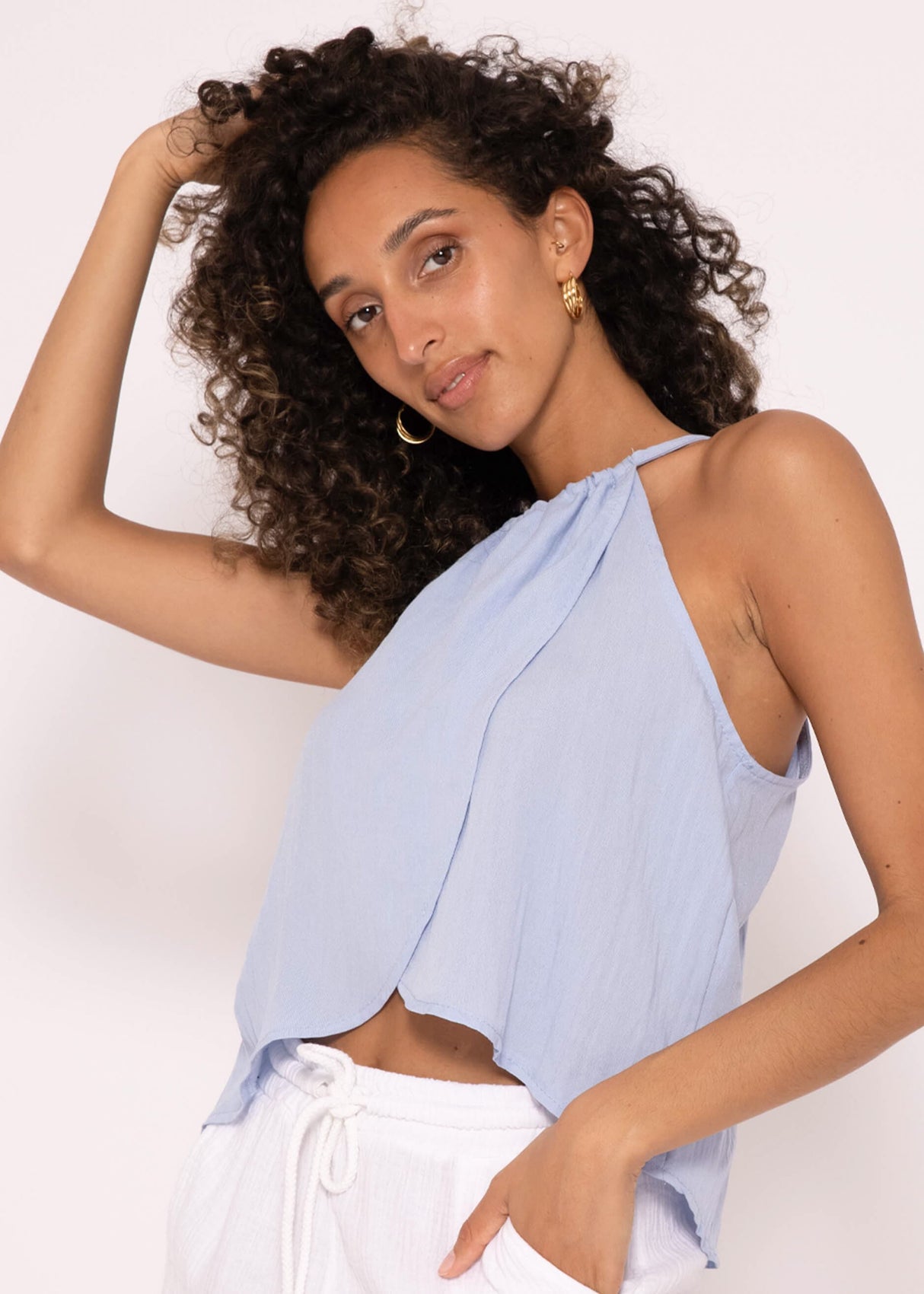 Shimmering, off-the-shoulder viscose top, light blue