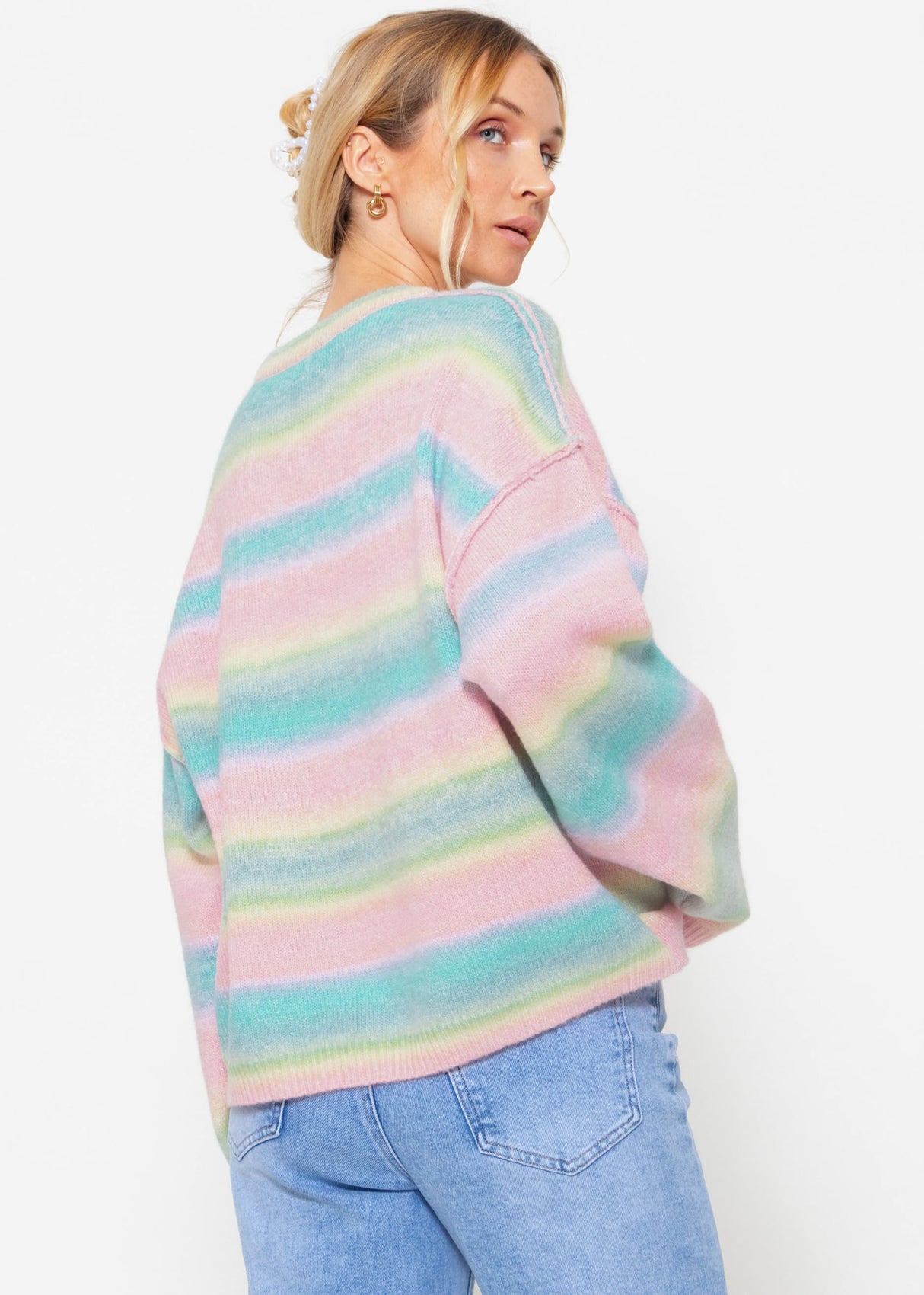 Oversize Pullover mit Pastell Streifen - rosa-blau-gelb