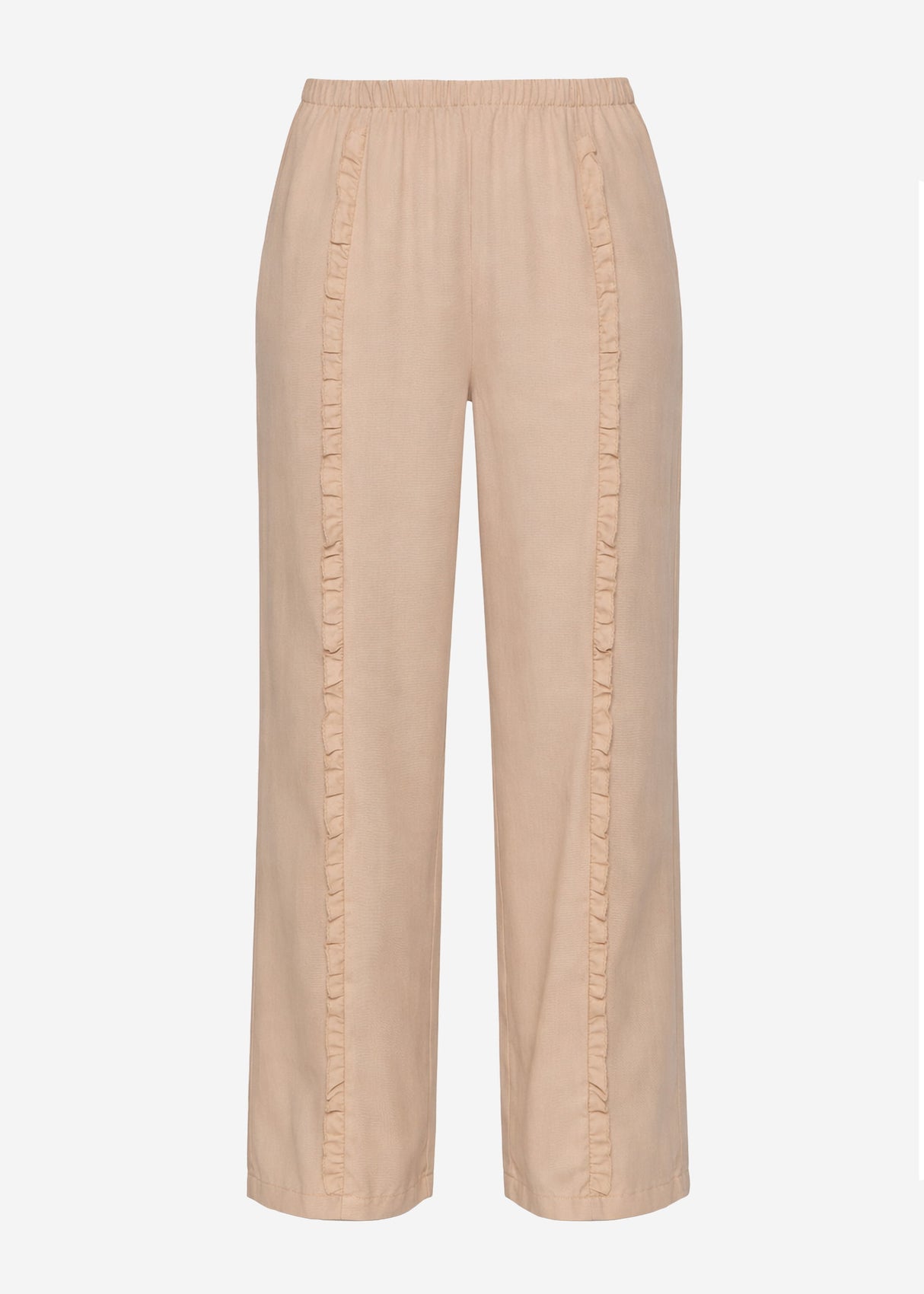 Hose mit weitem Bein und Rüschendetail - beige