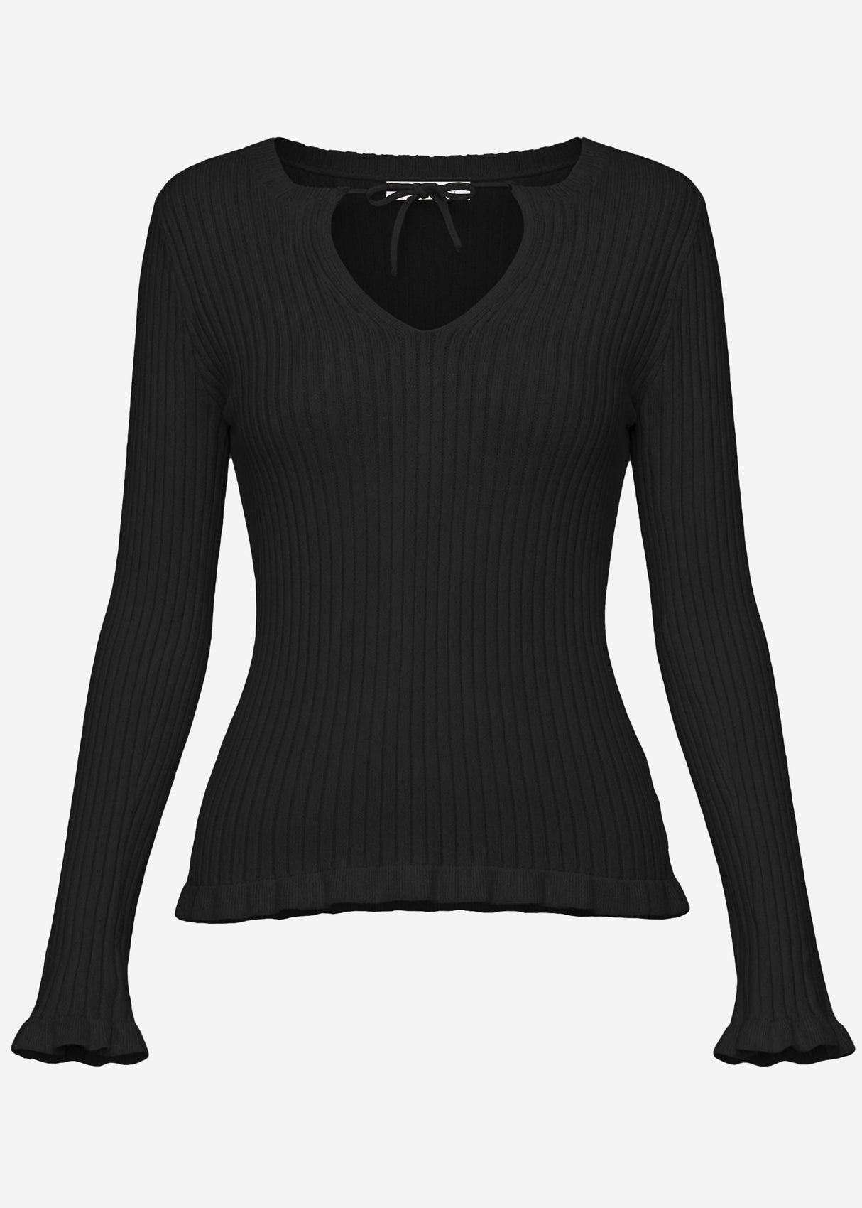Rippstrickoberteil mit Bindeband am Ausschnitt - schwarz