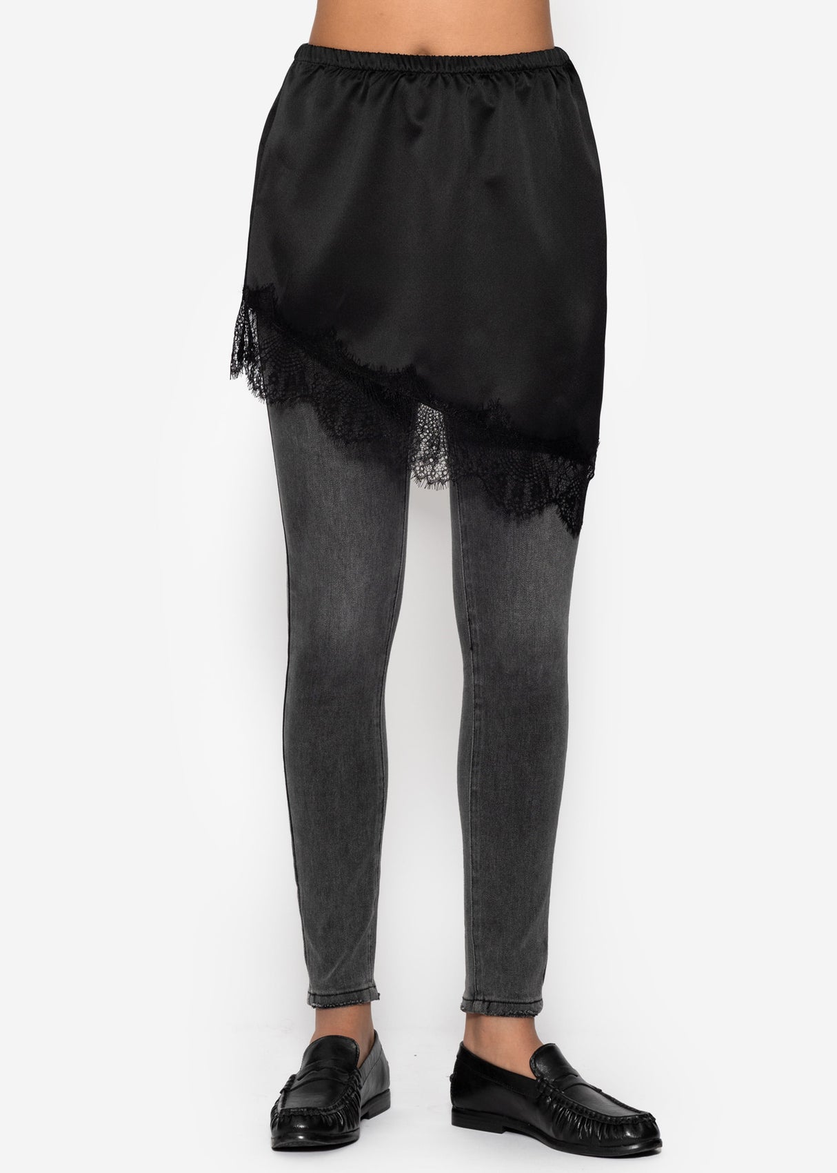 Asymmetrical blouse skirt with lace hem - black