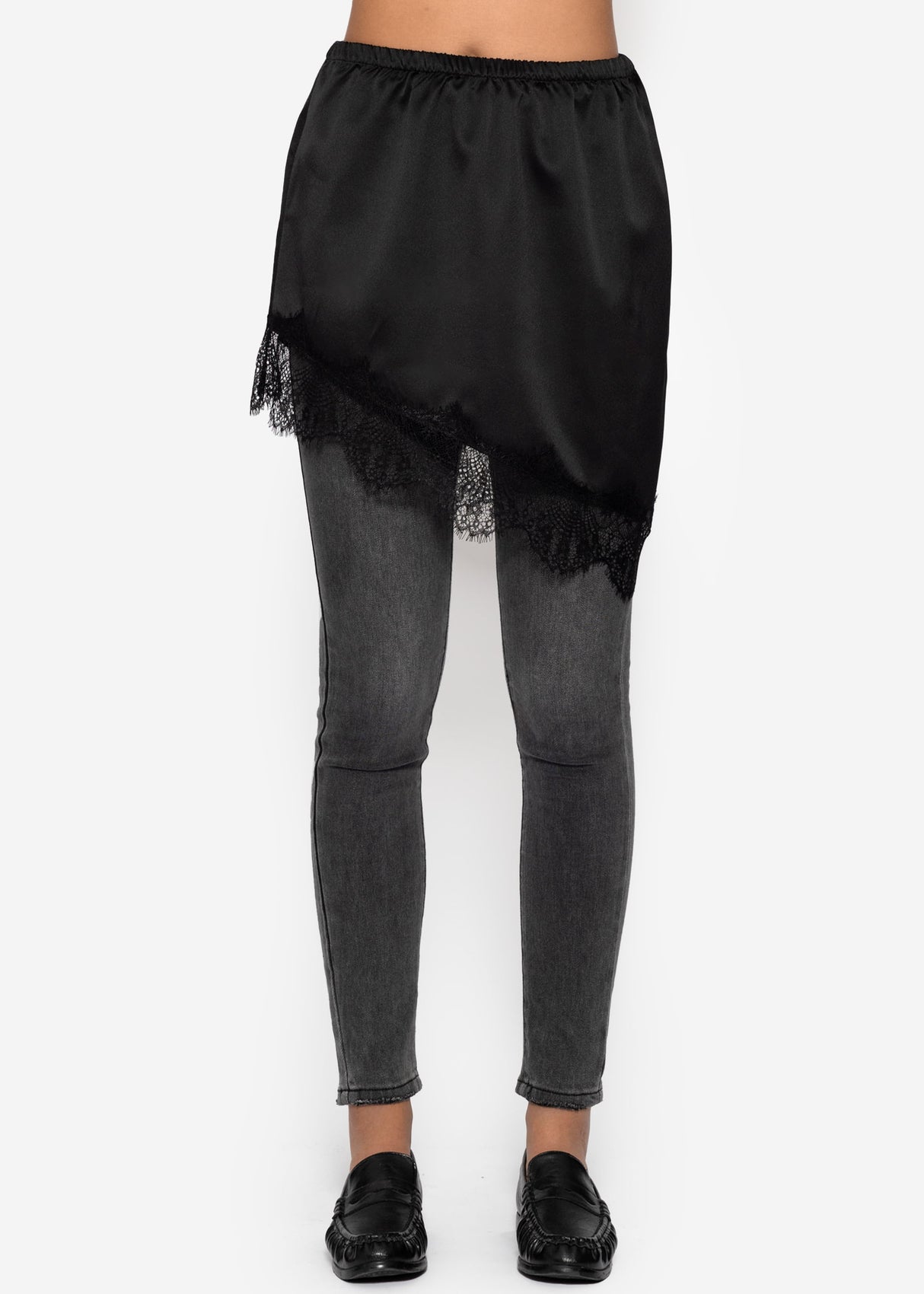Asymmetrical blouse skirt with lace hem - black