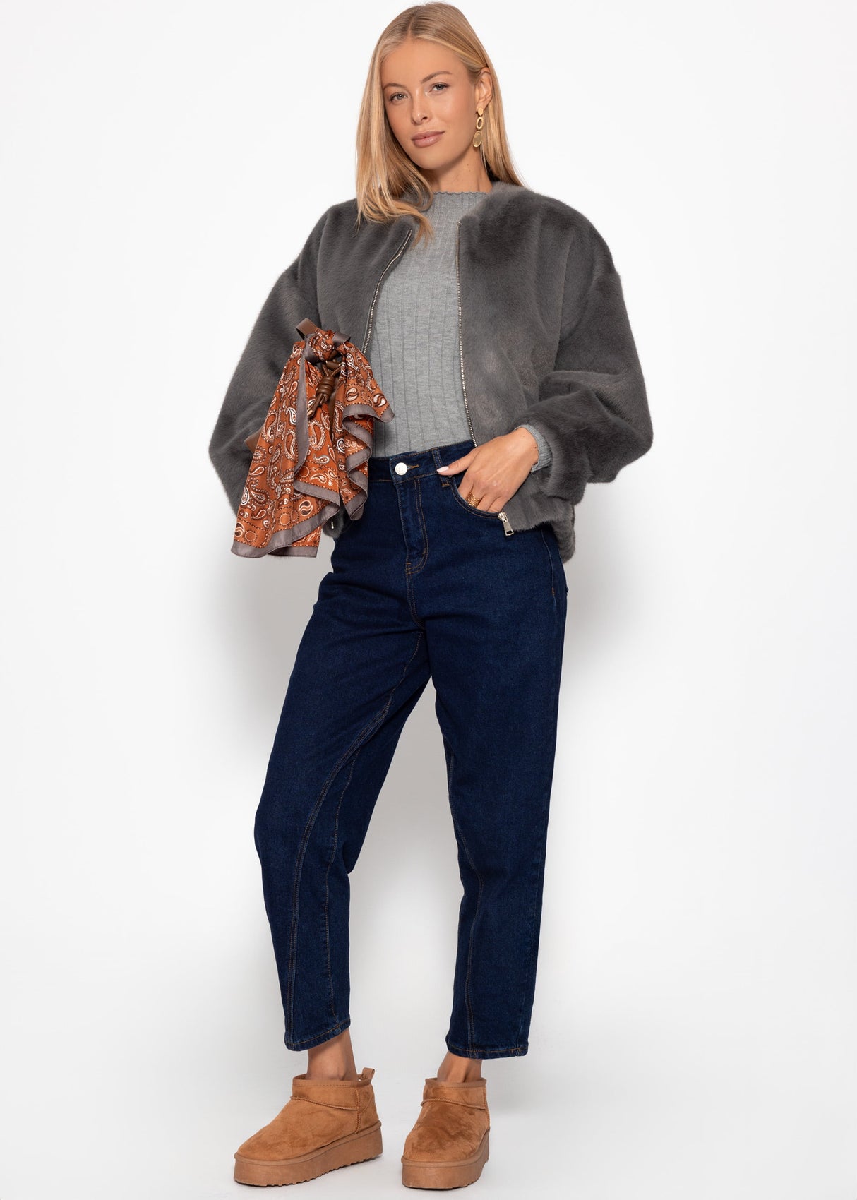 Bomberjacke aus Fellimitat - grau