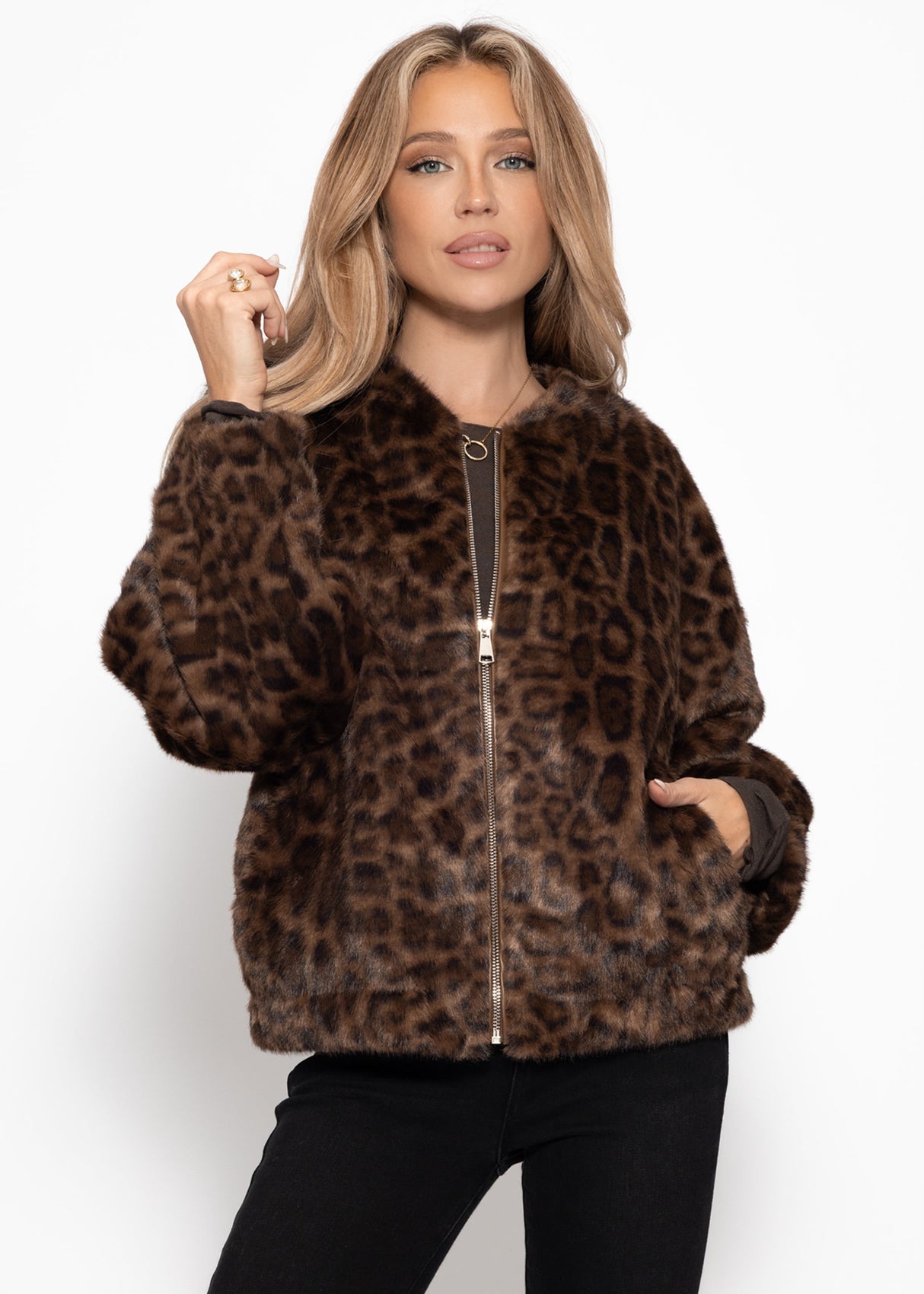 Bomberjacke aus Fellimitat mit Leo-Muster - braun