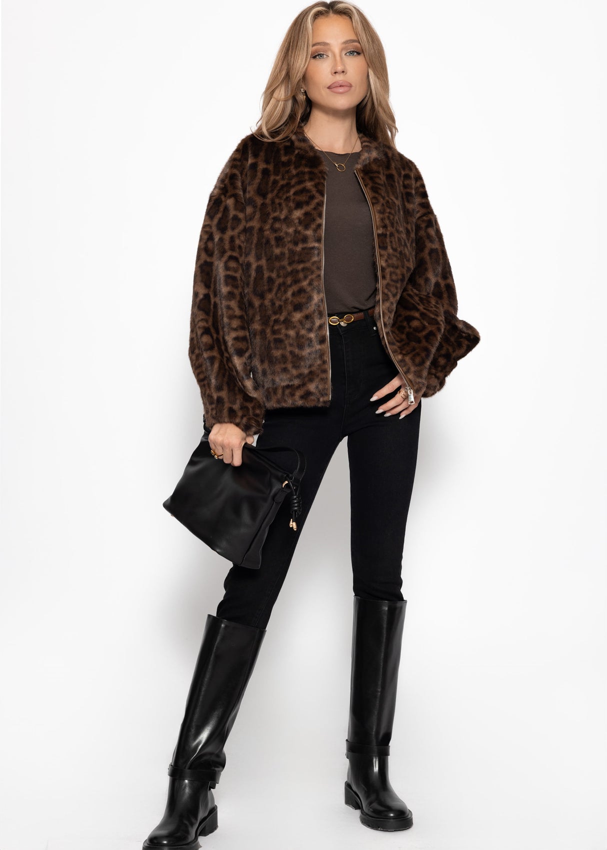 Bomberjacke aus Fellimitat mit Leo-Muster - braun