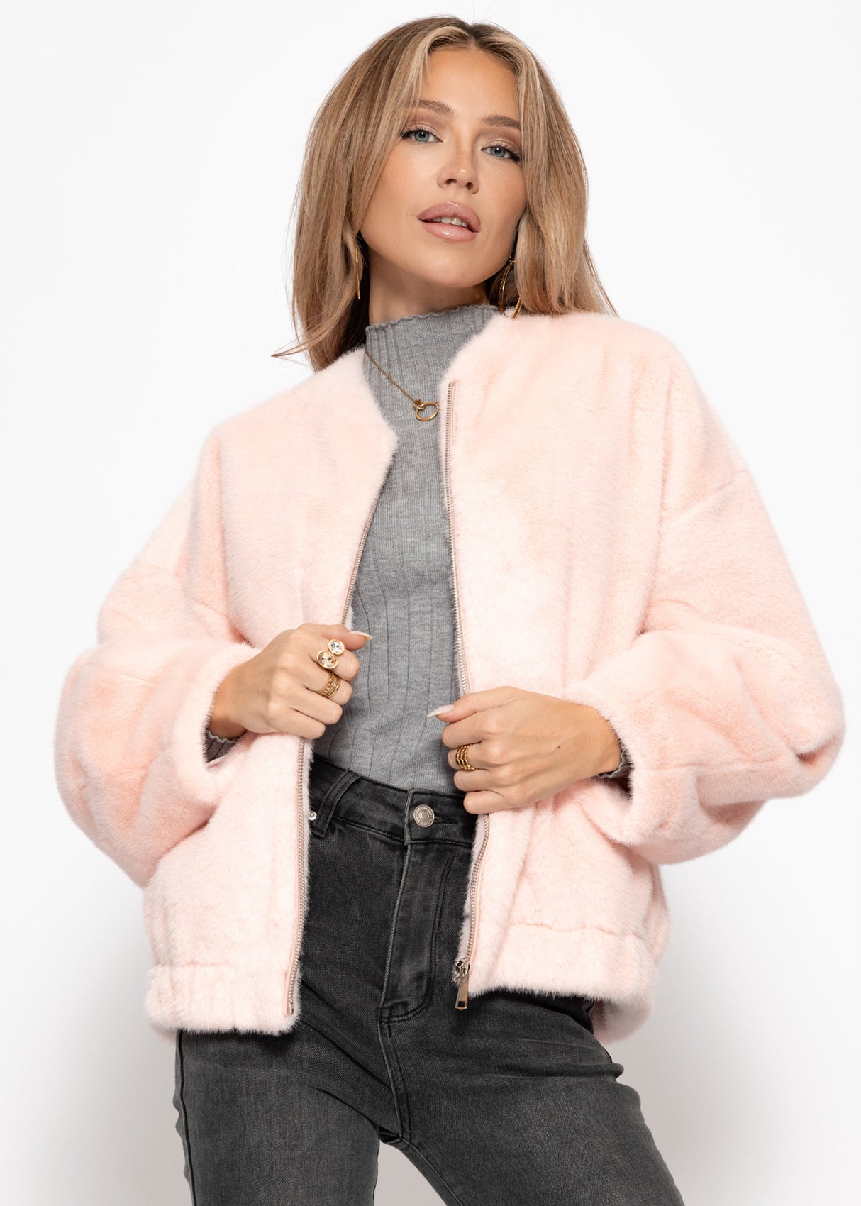 Bomberjacke aus Fellimitat - rosa