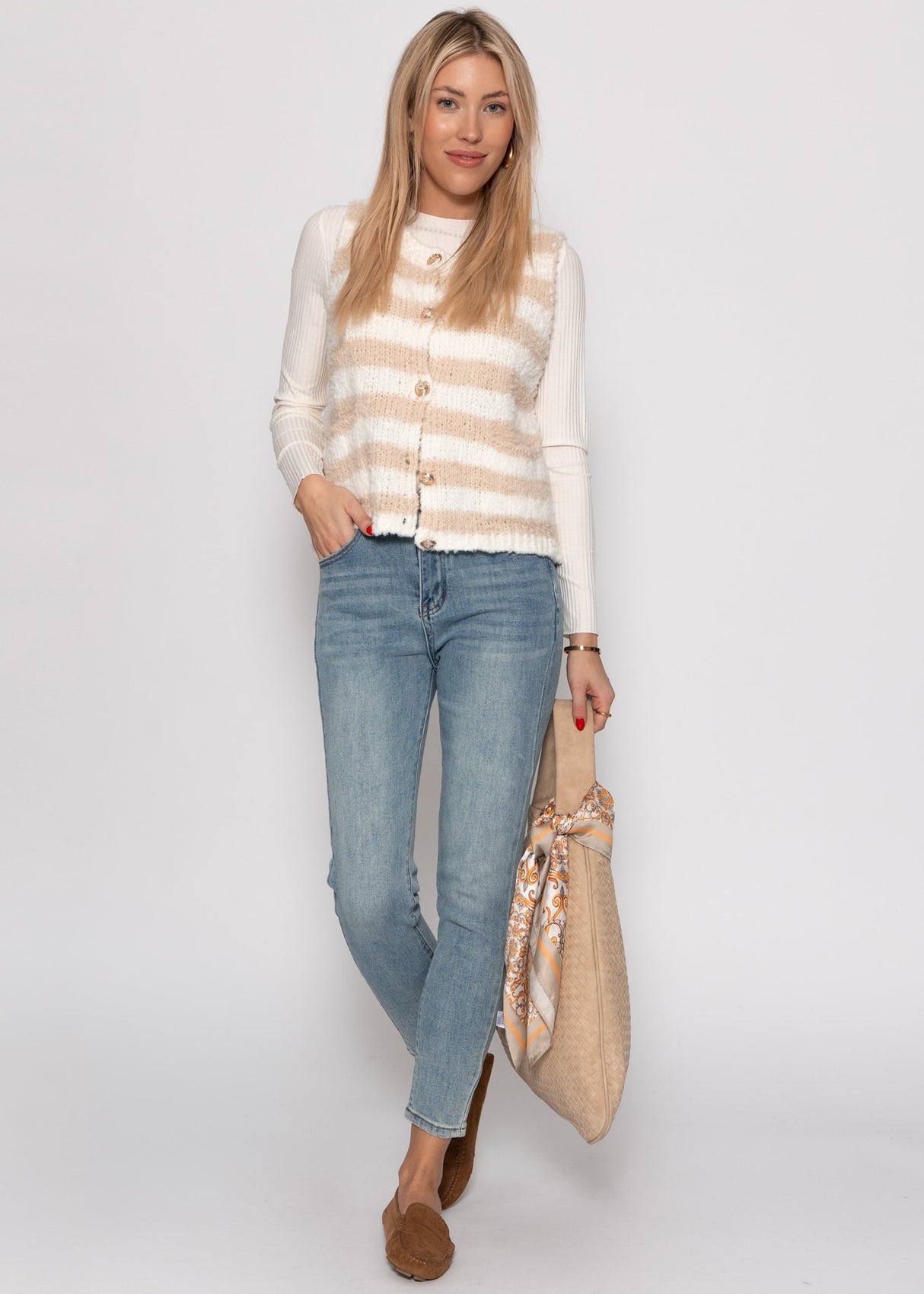 Bouclé-Weste mit Blockstreifen - beige-offwhite