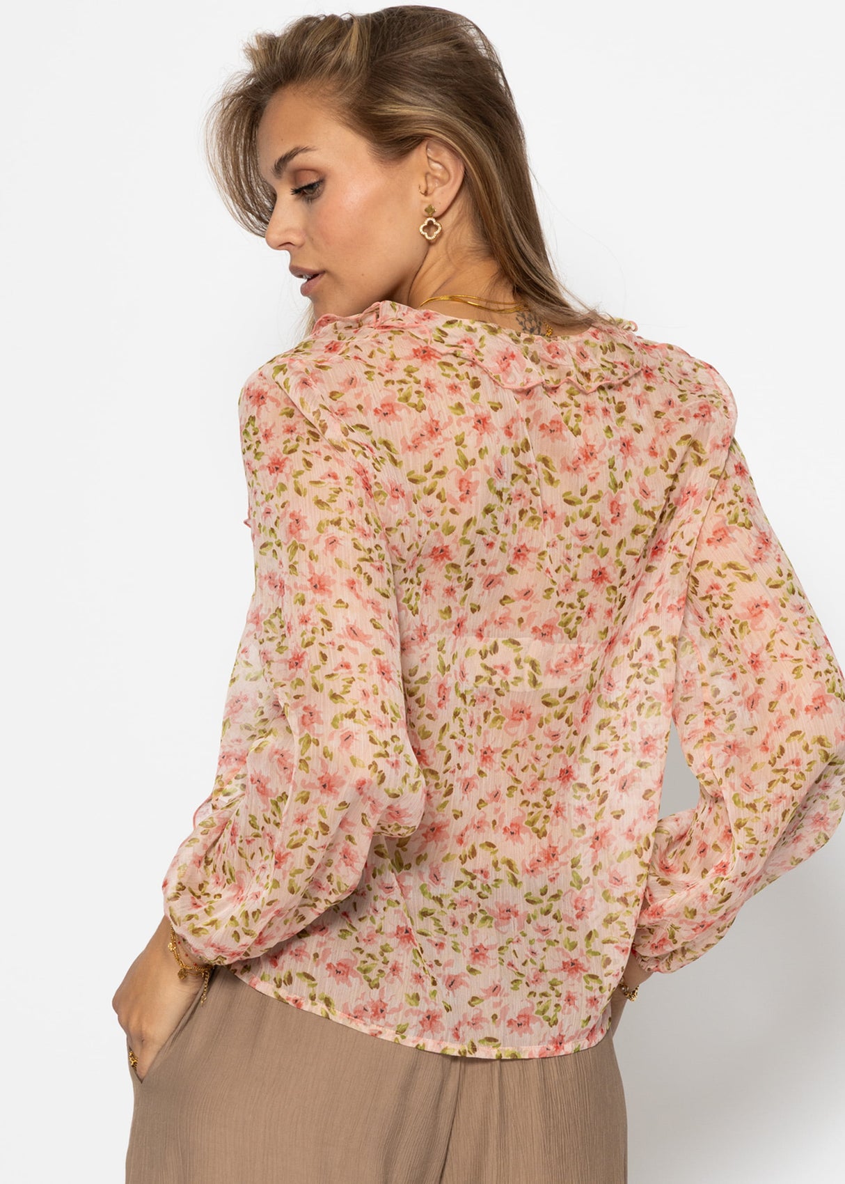Chiffon Bluse mit Rüschen - rosa