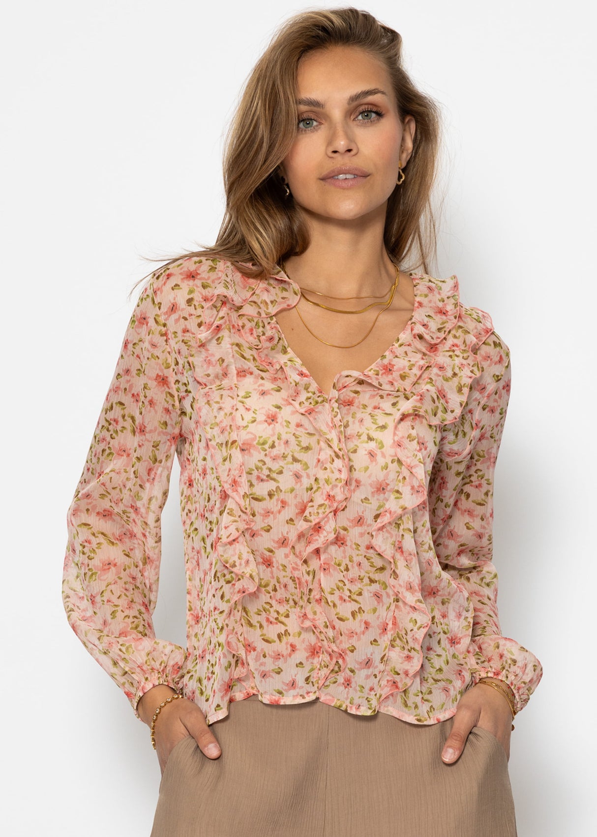 Chiffon Bluse mit Rüschen - rosa