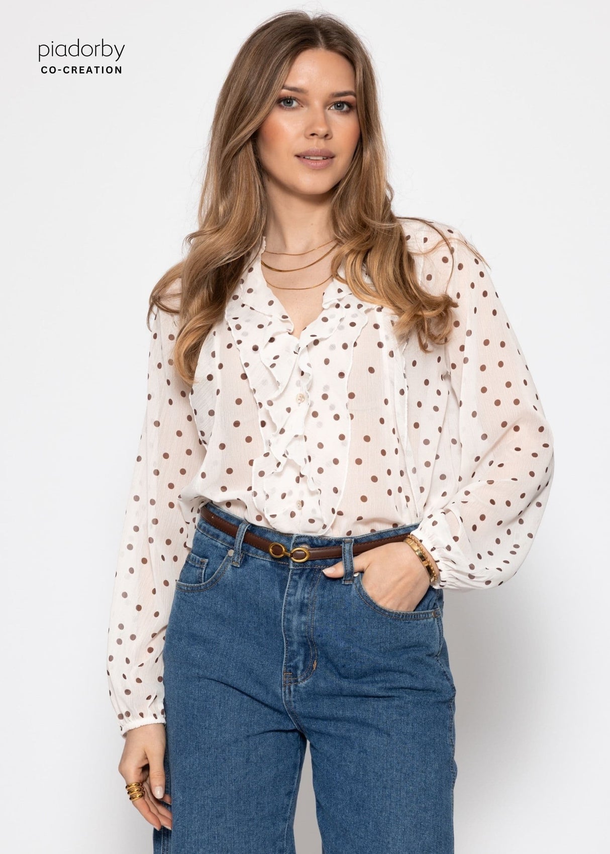 Chiffon Bluse mit Volants und Punktemuster - offwhite
