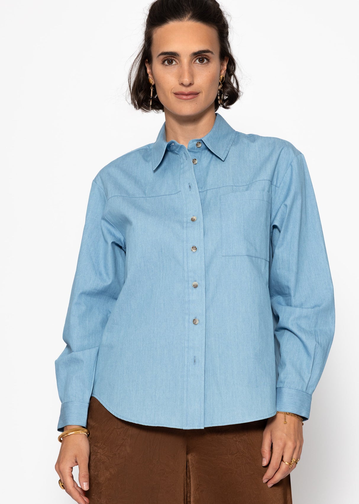 Denim shirt blouse with breast pocket - blue