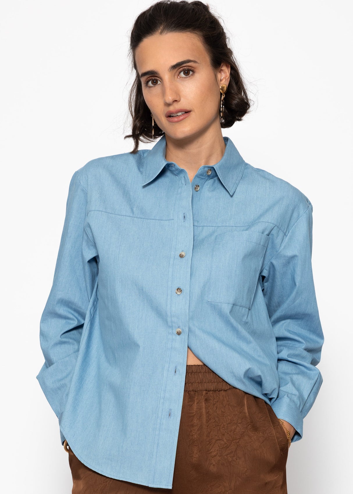 Denim shirt blouse with breast pocket - blue