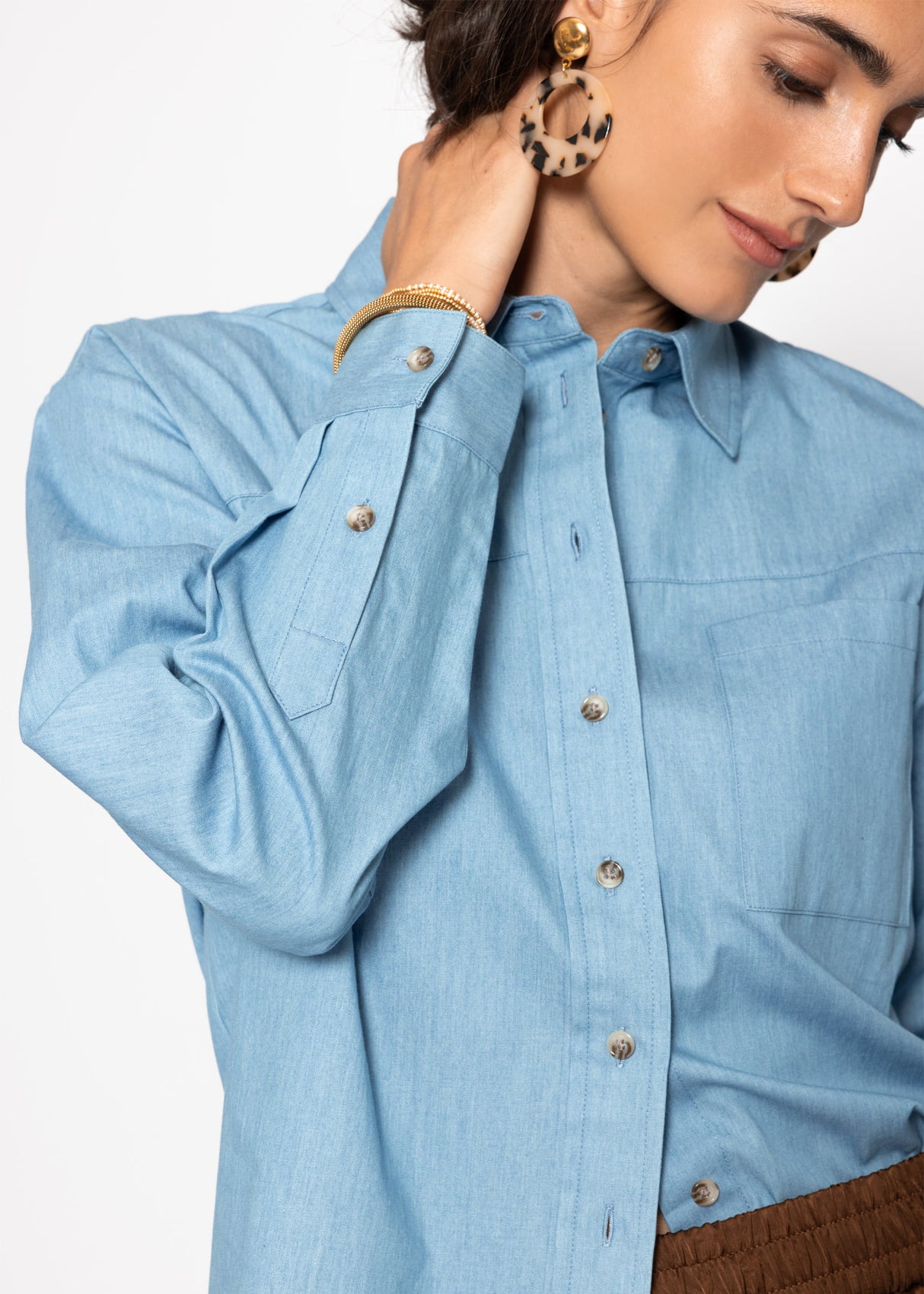 Denim shirt blouse with breast pocket - blue