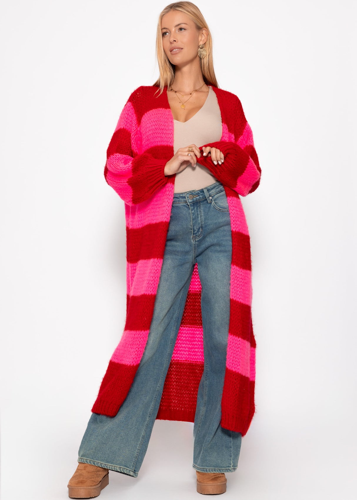 Extra long cardigan with block stripes - red-pink