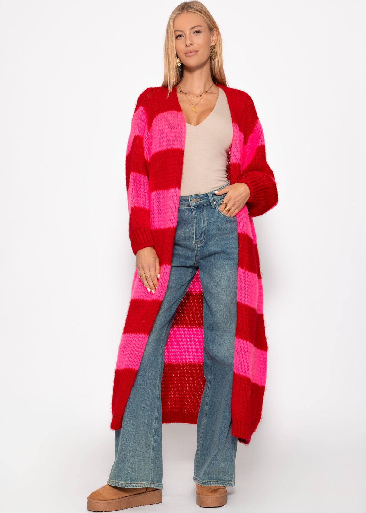 Extra long cardigan with block stripes - red-pink