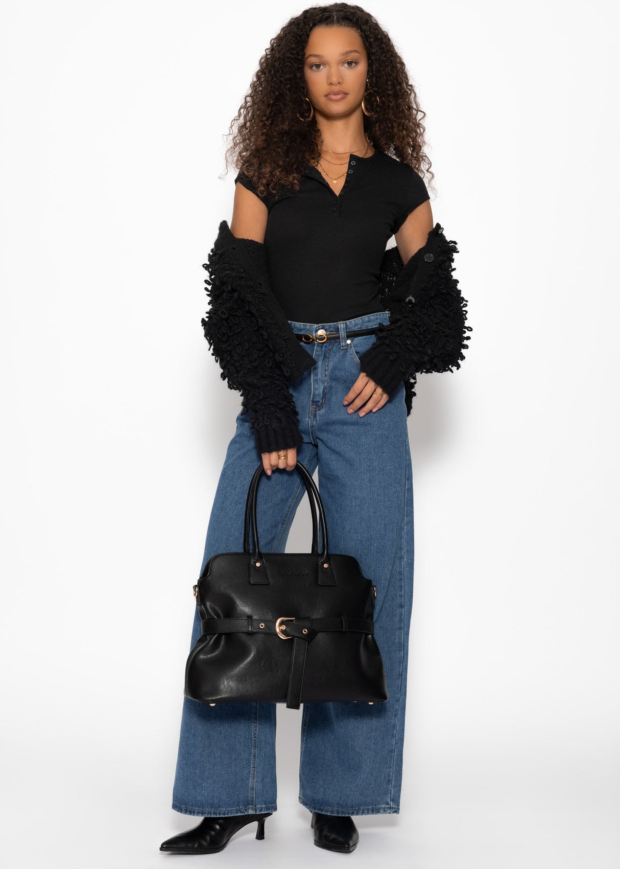 Ribbed button-front T-shirt - black