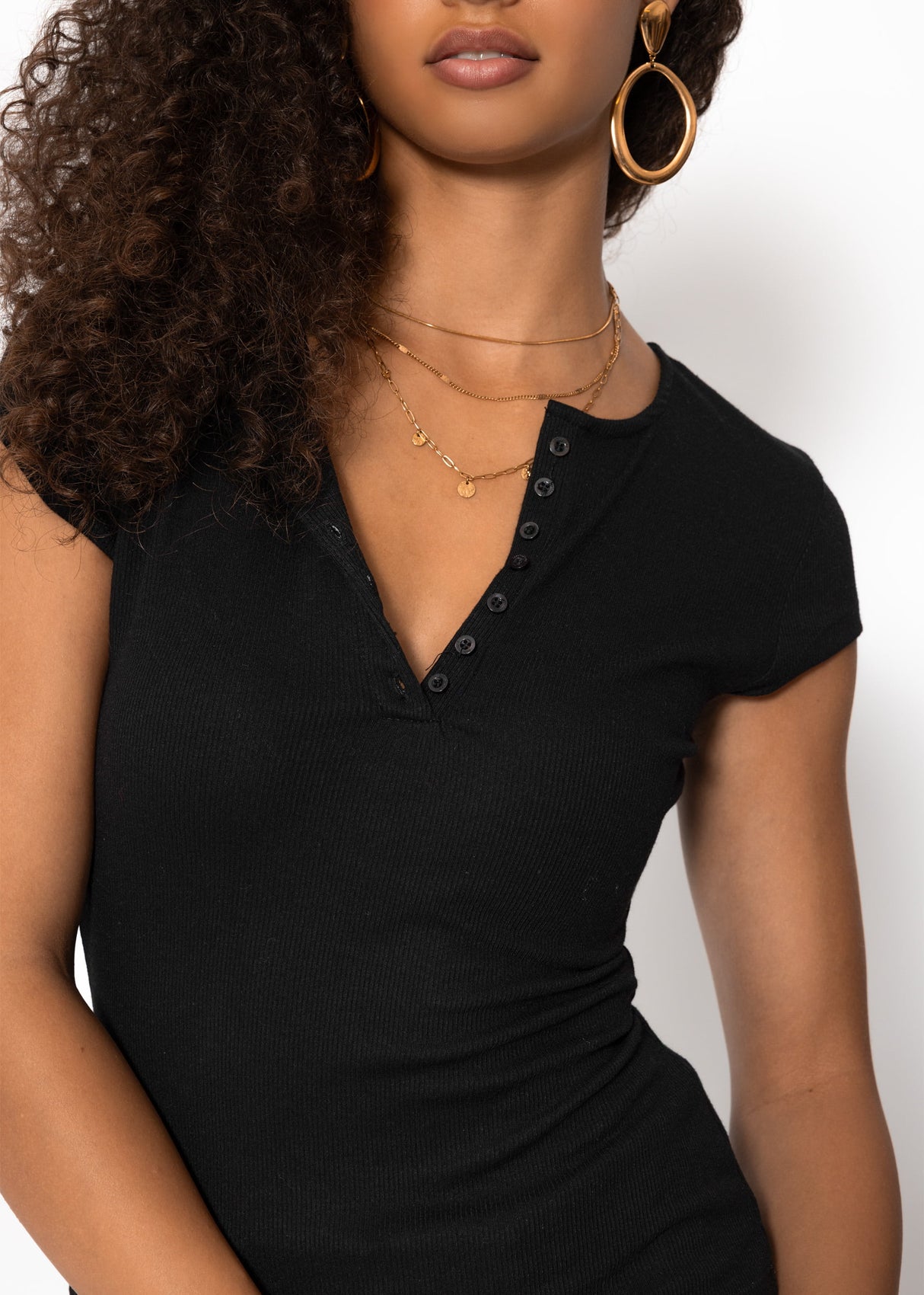 Ribbed button-front T-shirt - black