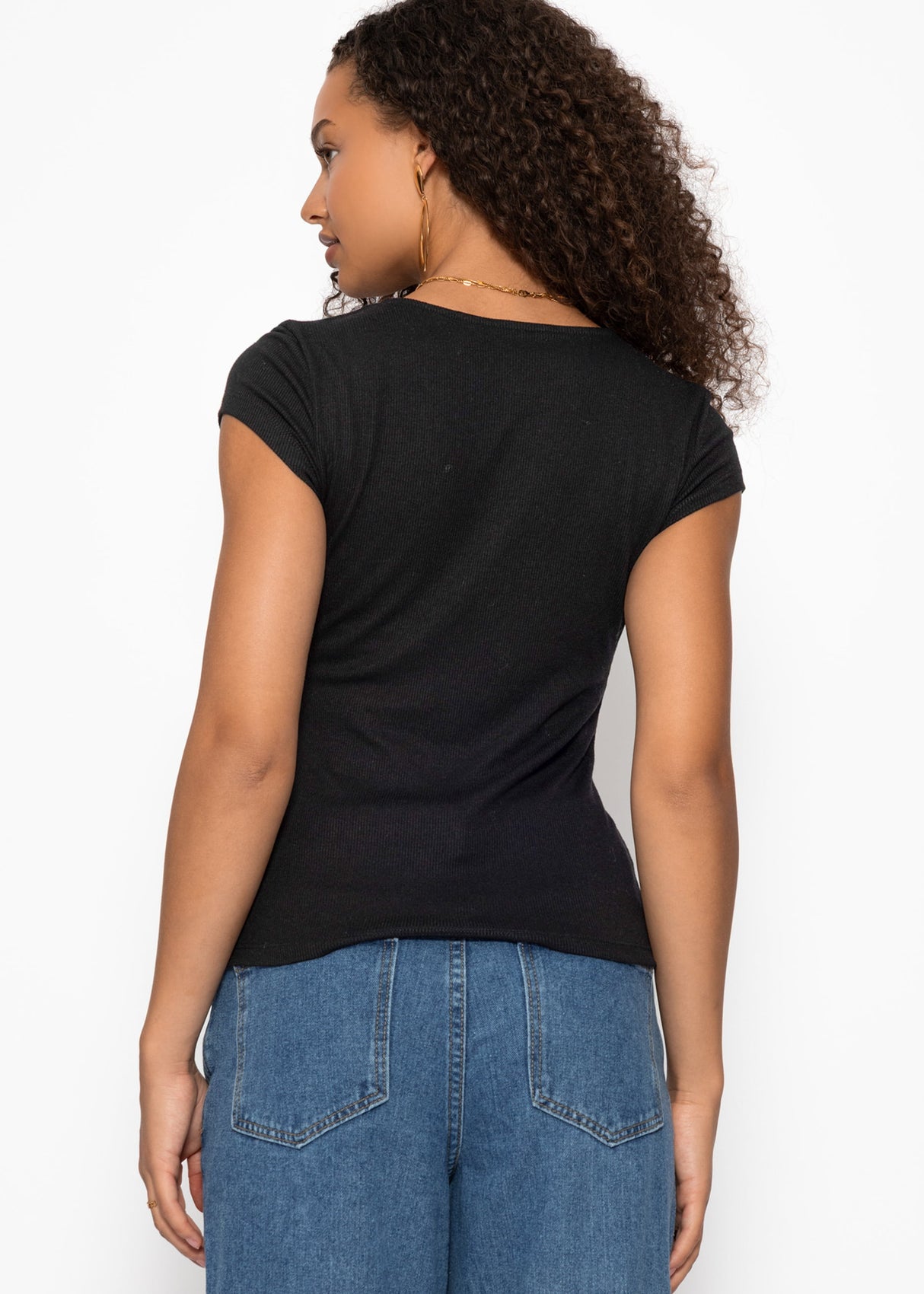 Ribbed button-front T-shirt - black