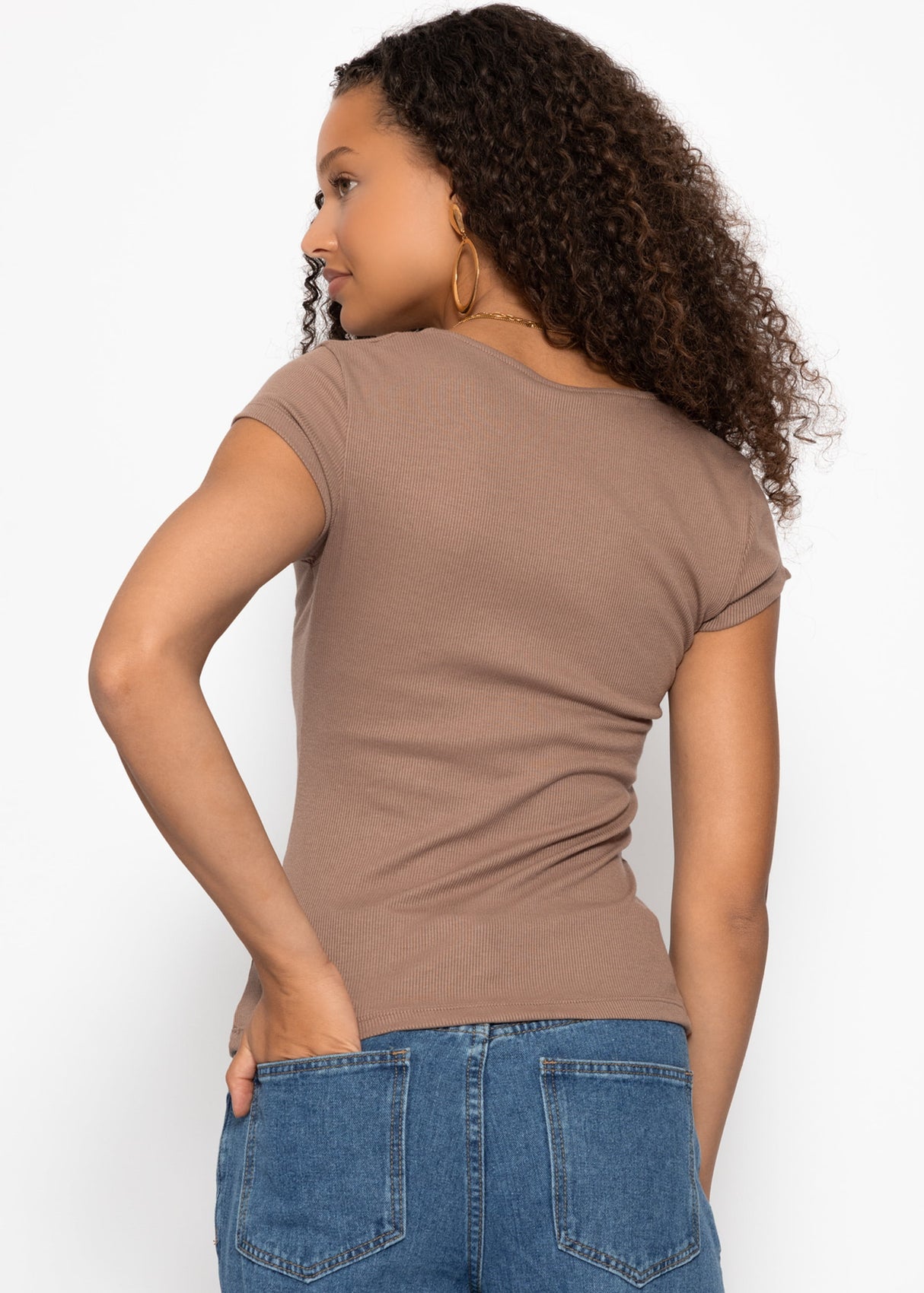 Ribbed button-front T-shirt - taupe