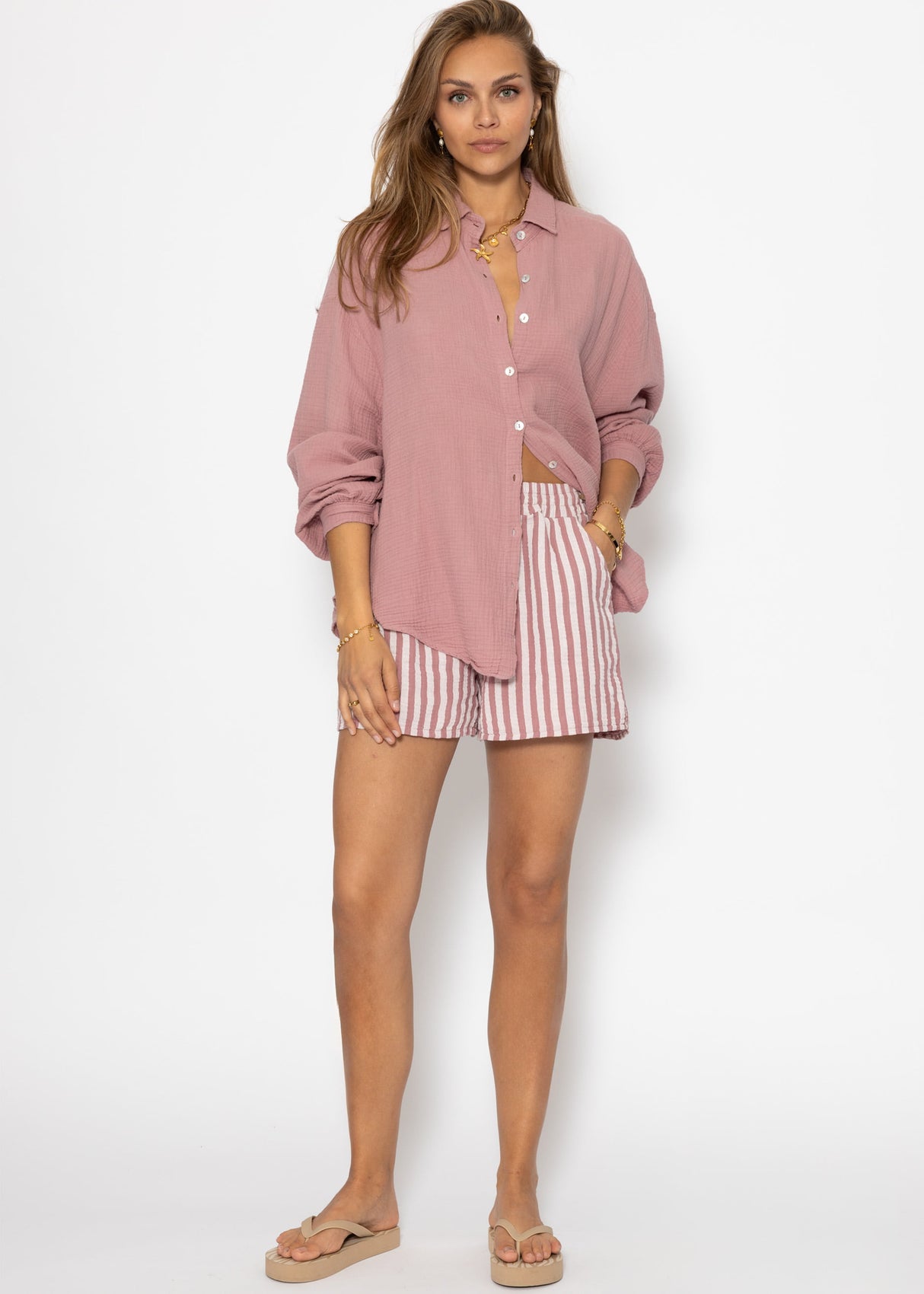 Gestreifte Musselin Shorts - altrosa
