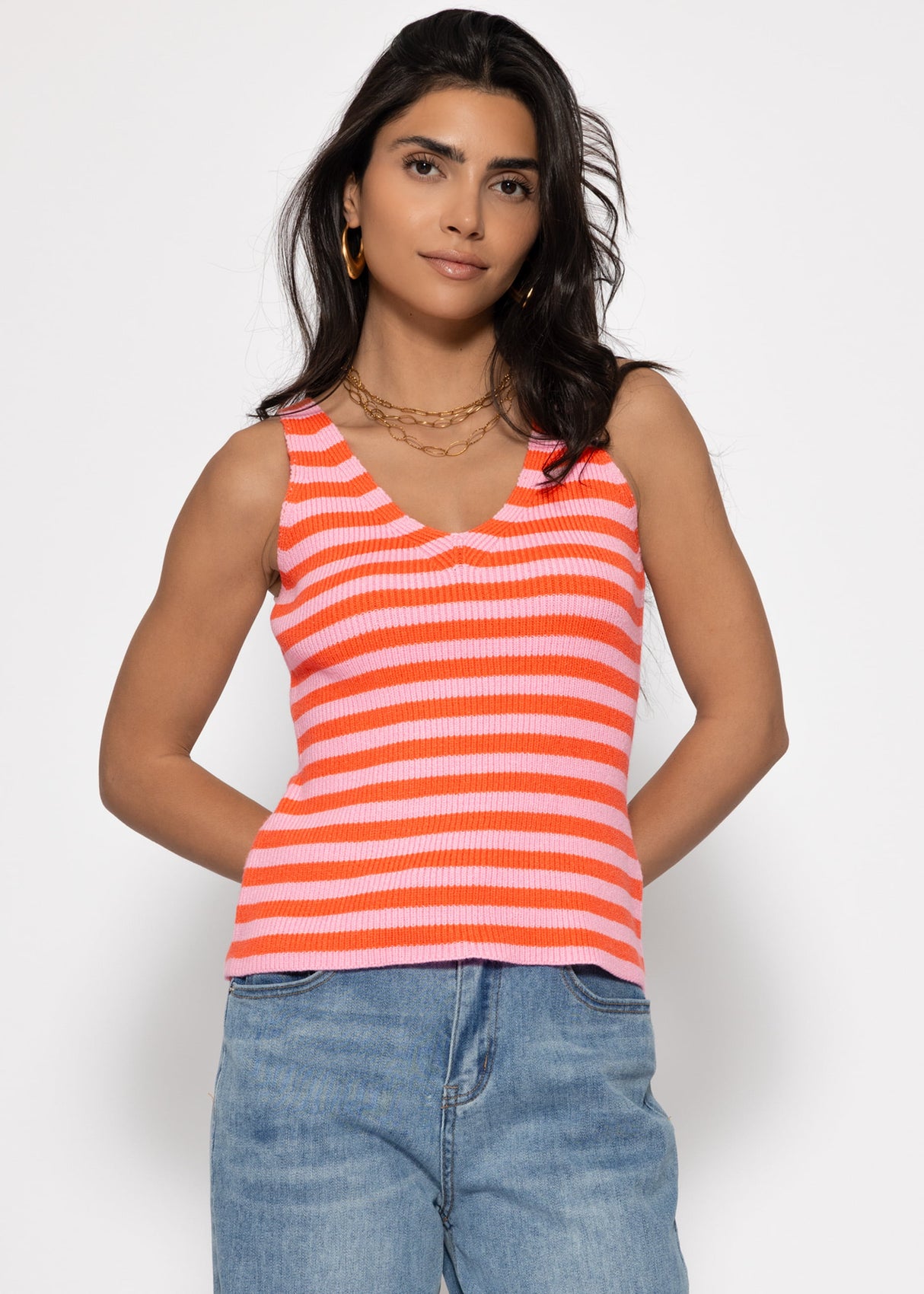 Gestreiftes Strick Top mit V-Ausschnitt - orange-rosa