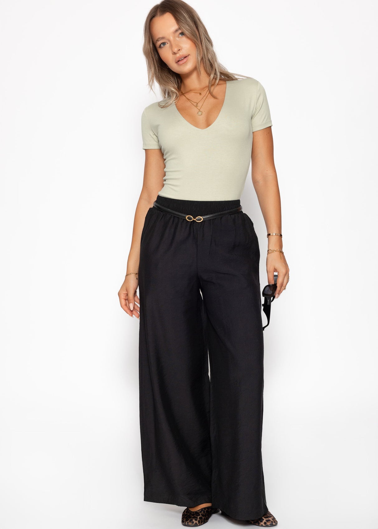 Shiny fabric trousers with a straight leg - black