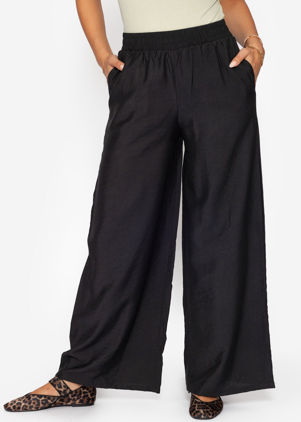Shiny fabric trousers with a straight leg - black