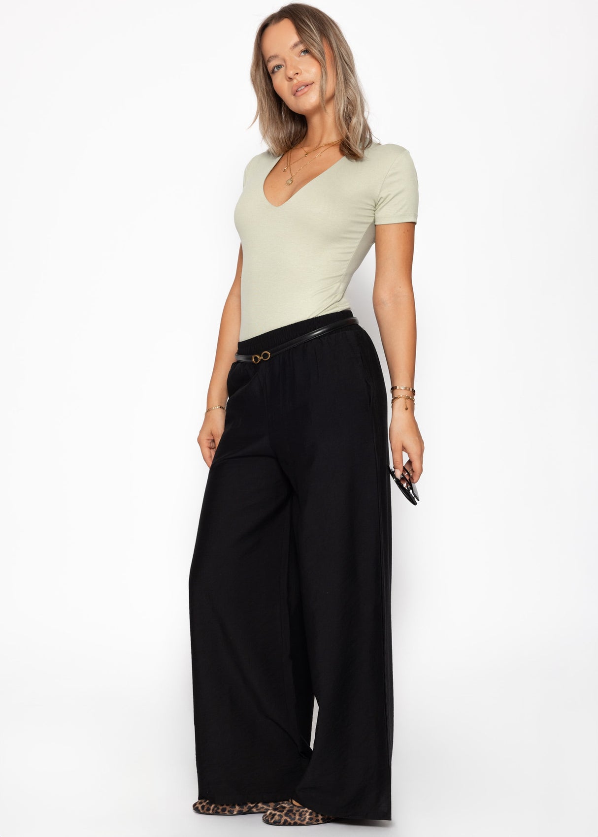 Shiny fabric trousers with a straight leg - black
