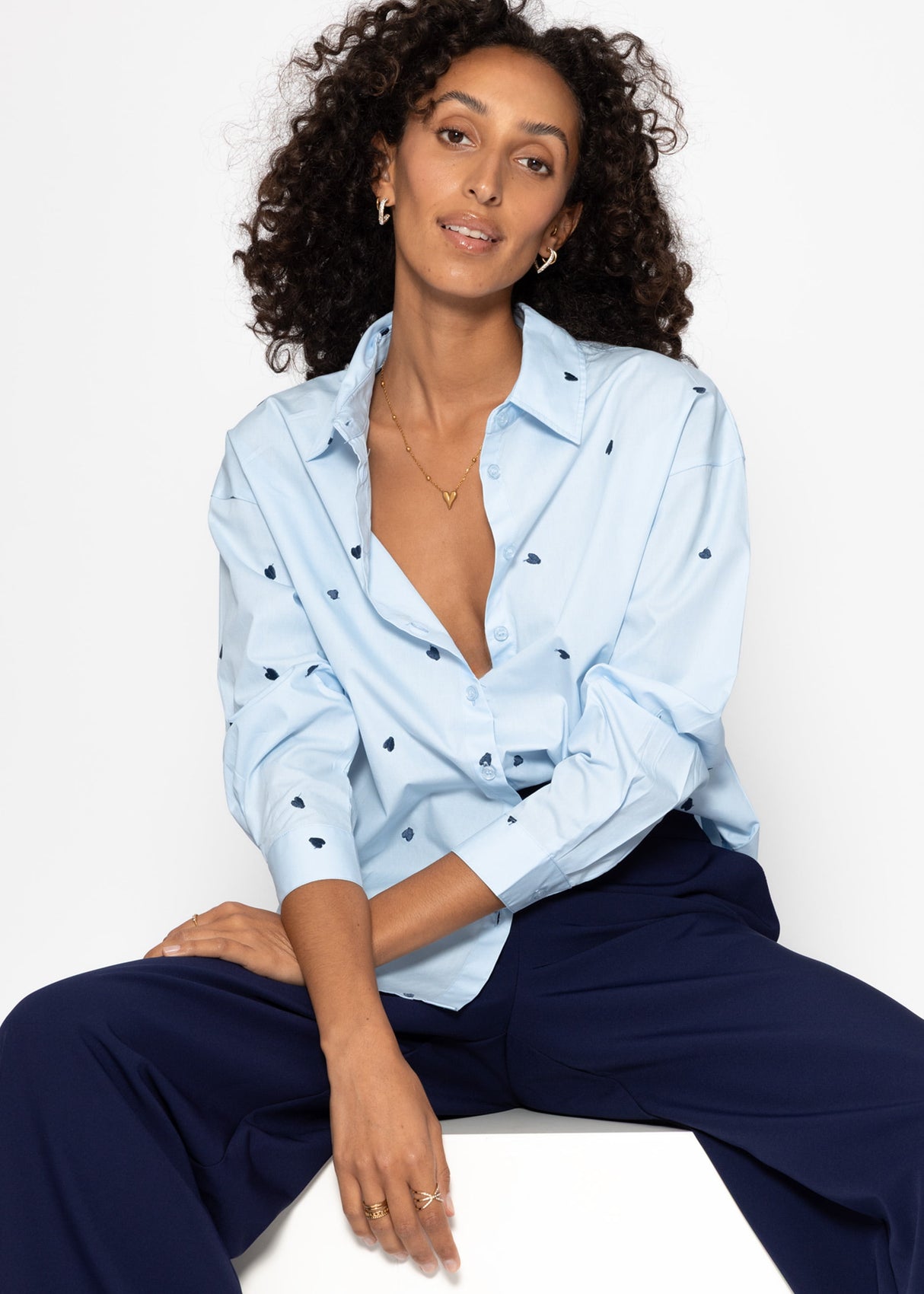 Shirt blouse with blue heart embroidery - light blue