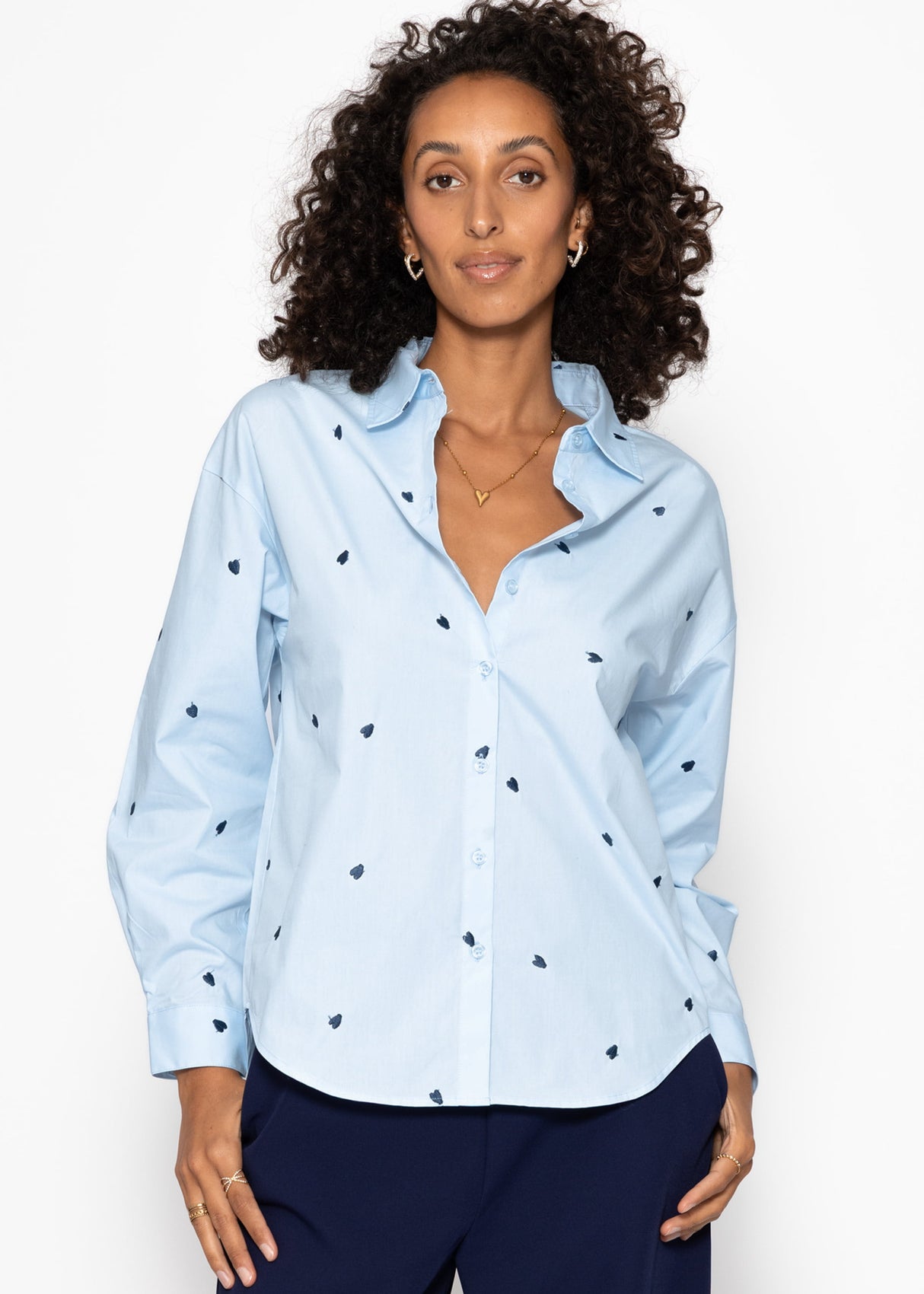 Shirt blouse with blue heart embroidery - light blue