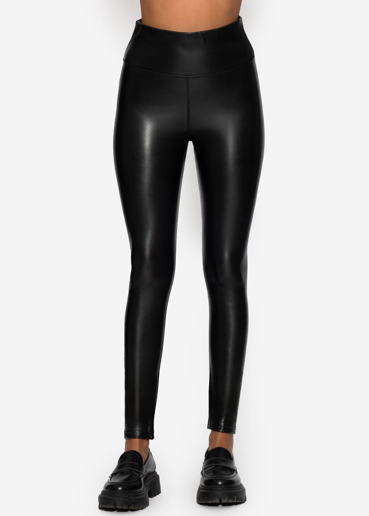 High-Rise Lederleggings mit breitem Bund - schwarz