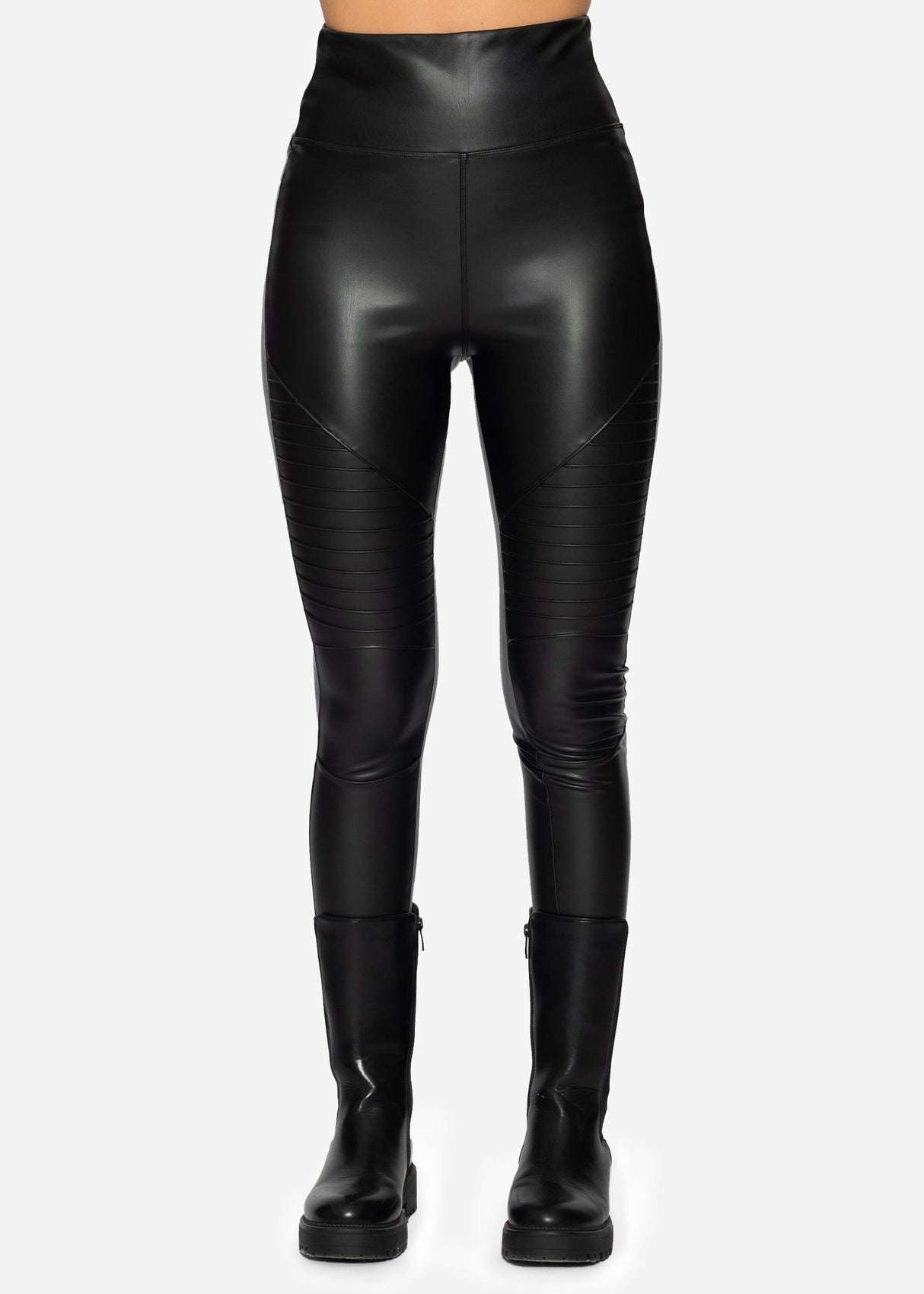 High-Rise Thermo Biker Leather Leggings - Black