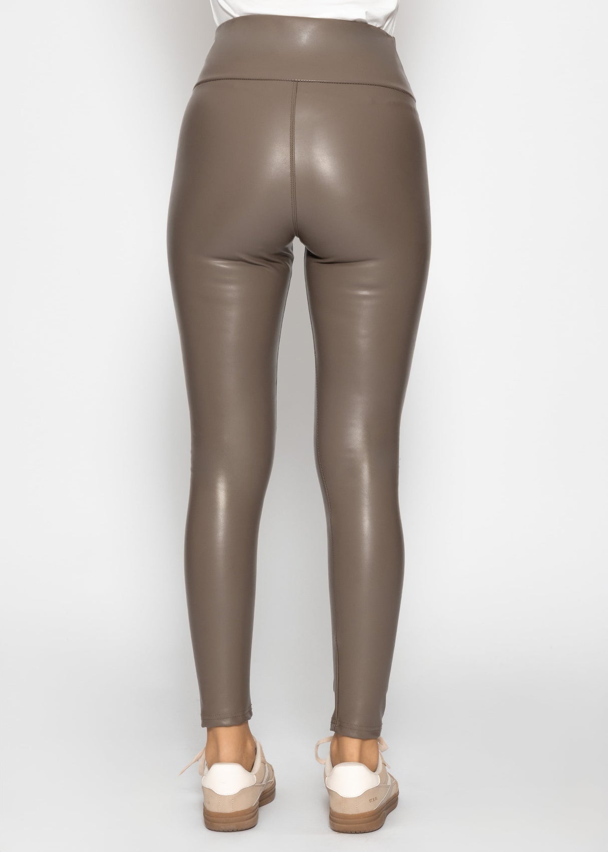 High-rise thermal leather leggings with wide waistband - taupe