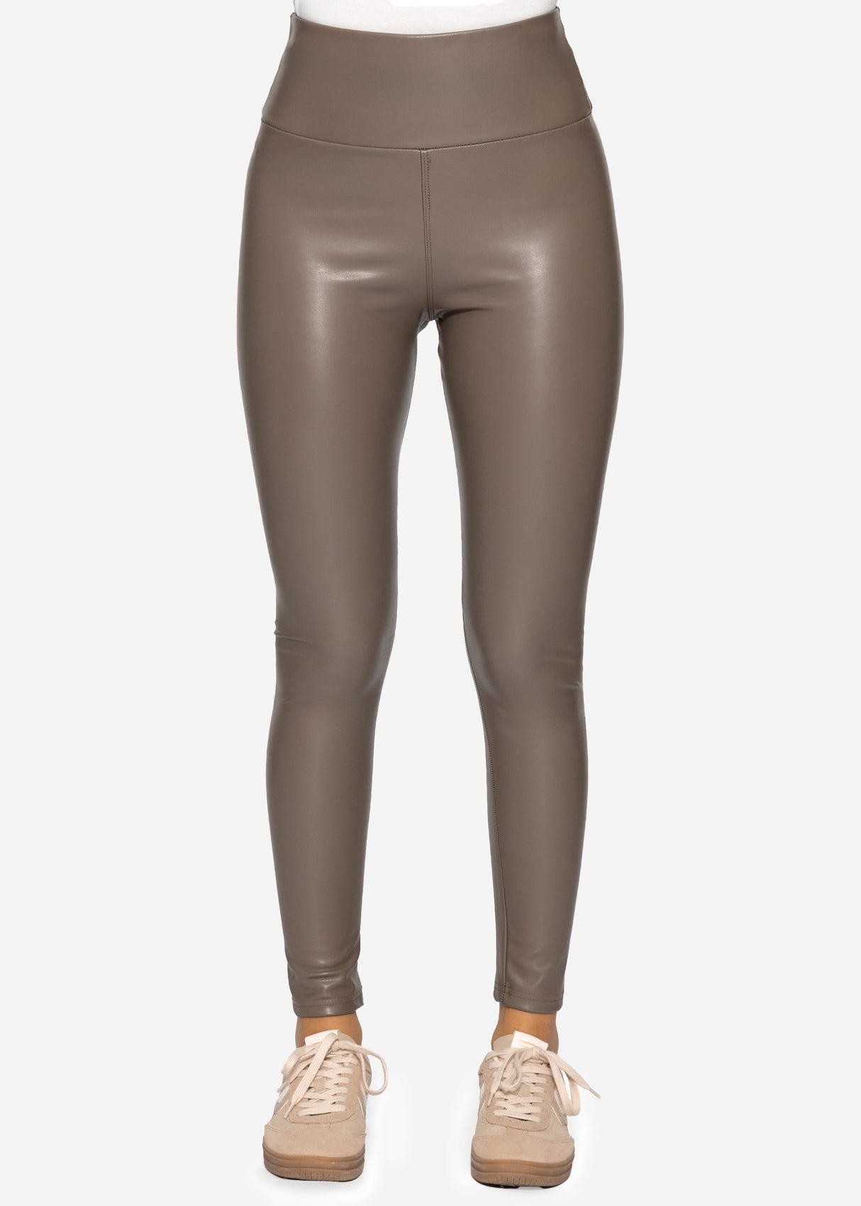 High-rise thermal leather leggings with wide waistband - taupe