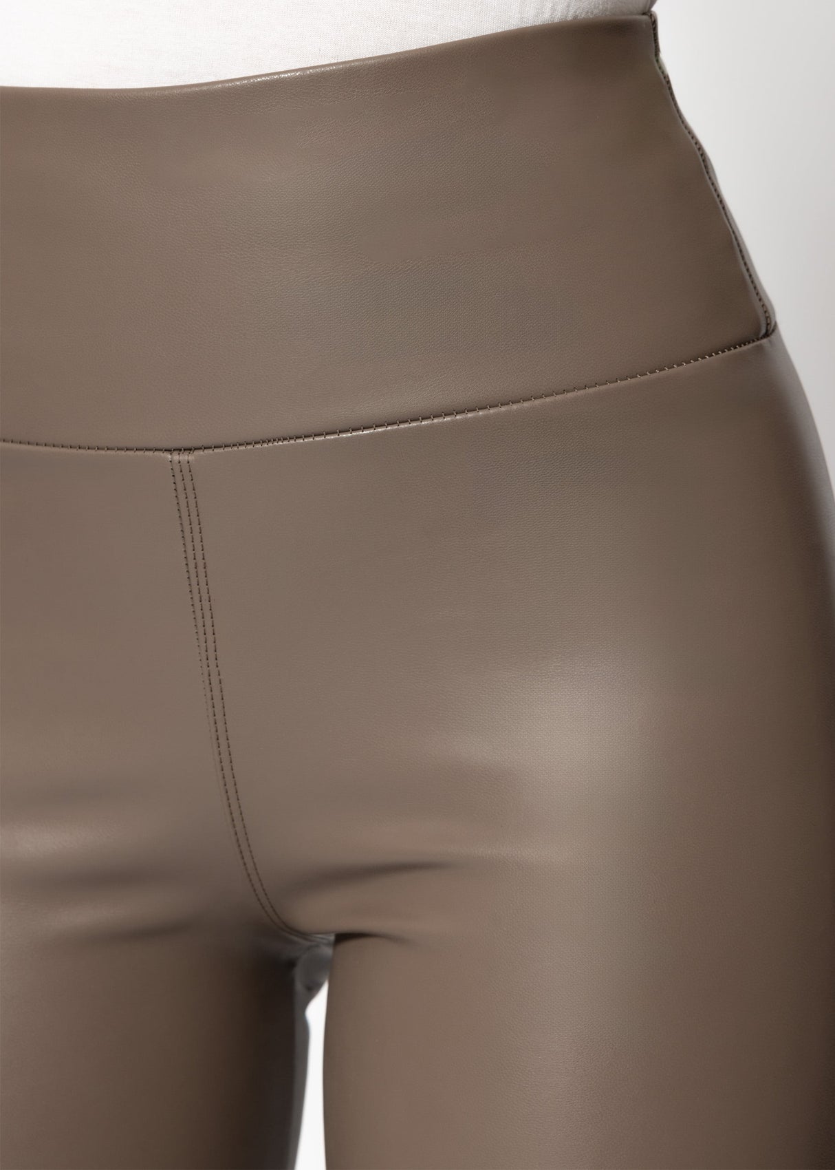High-rise thermal leather leggings with wide waistband - taupe