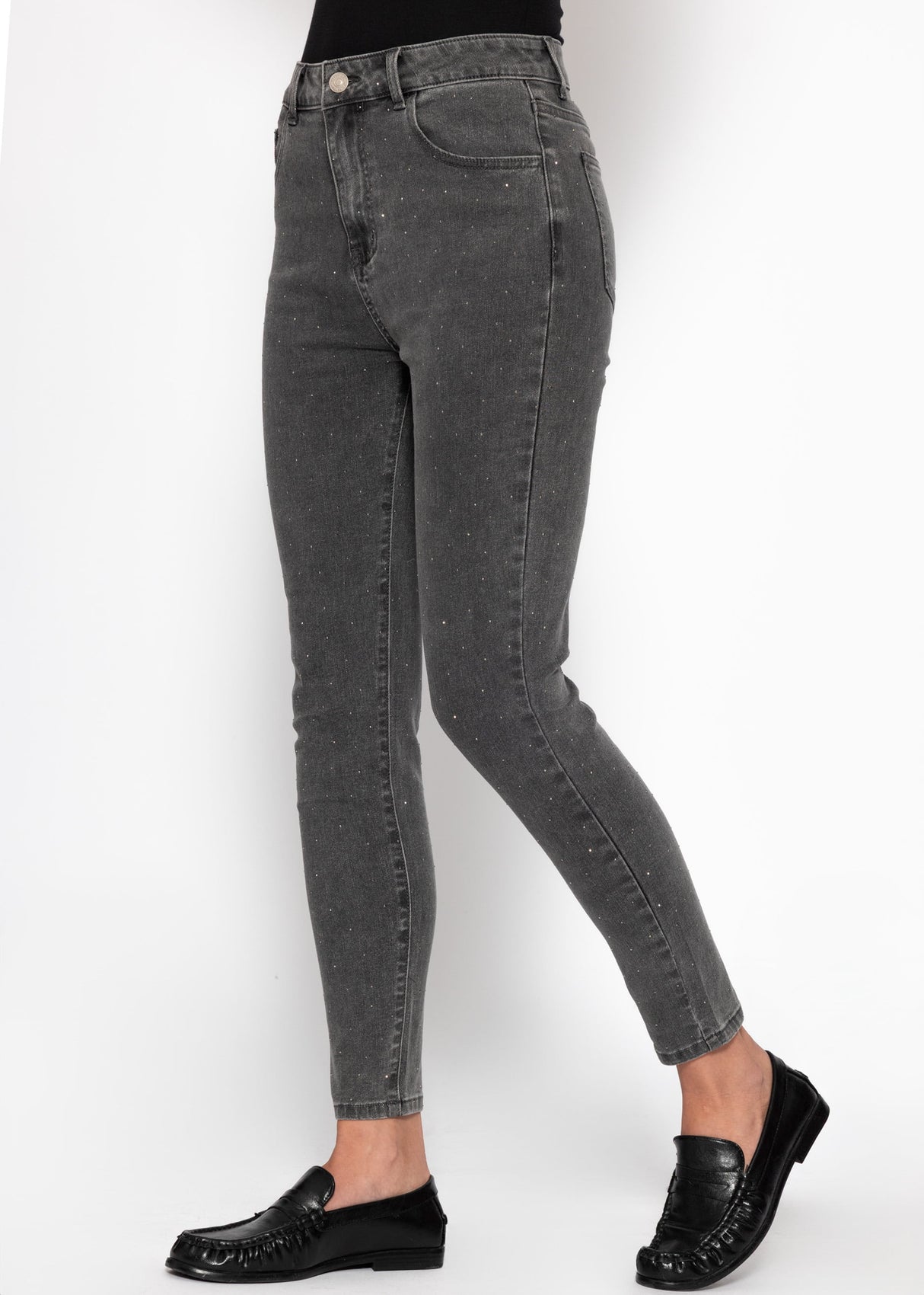 Highwaist Skinny Jeans mit Strasssteinen - dunkelgrau