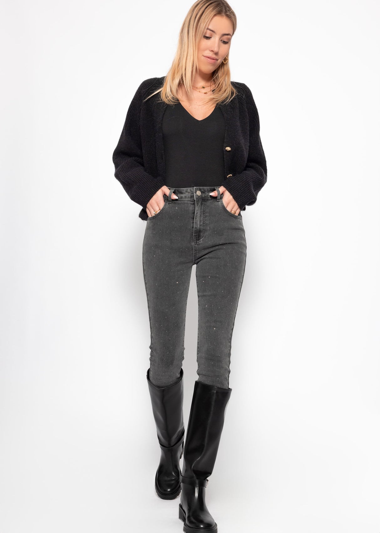 Highwaist Skinny Jeans mit Strasssteinen - dunkelgrau