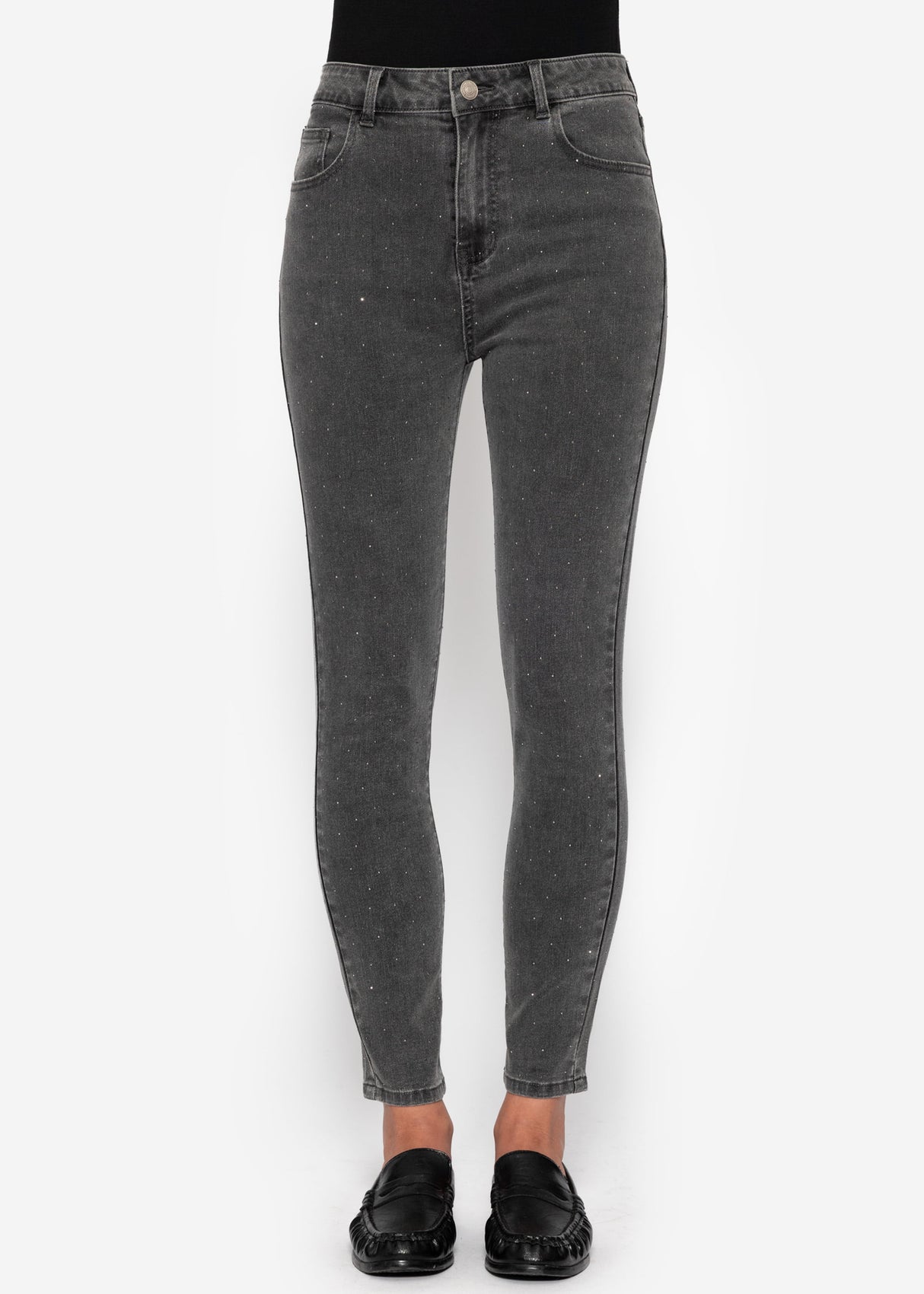 Highwaist Skinny Jeans mit Strasssteinen - dunkelgrau