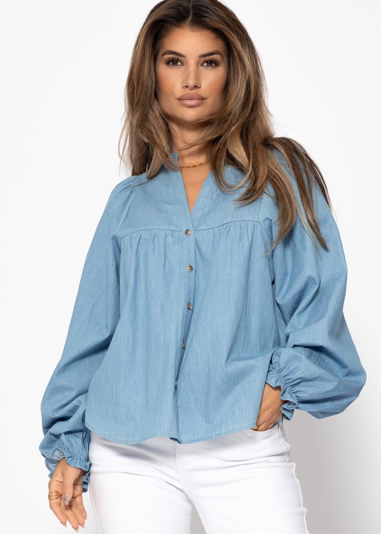 Jeans Bluse mit V-Ausschnitt - blau
