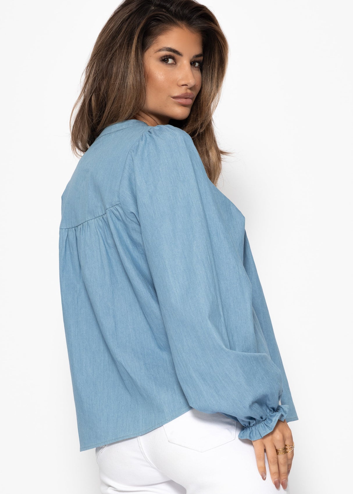 Jeans Bluse mit V-Ausschnitt - blau