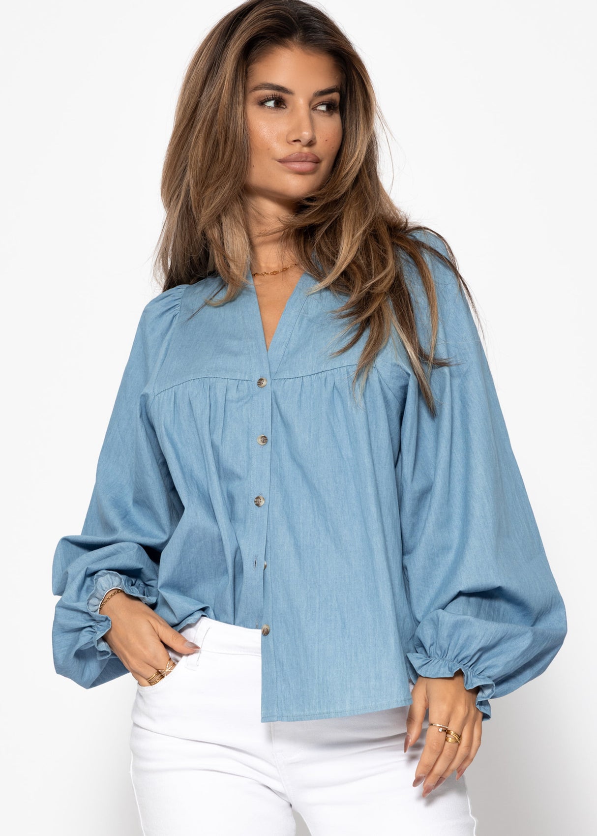 Jeans Bluse mit V-Ausschnitt - blau