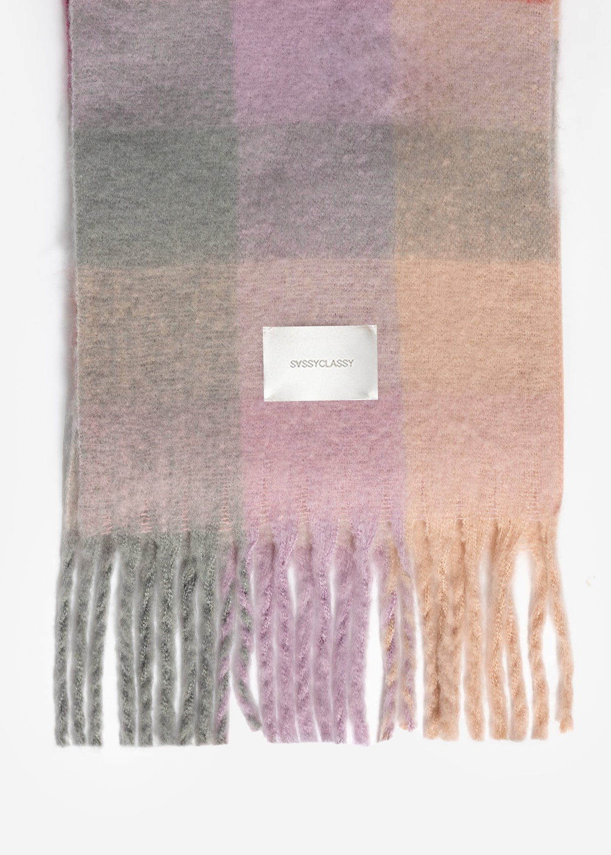 Checkered fluffy scarf with fringe - lilac