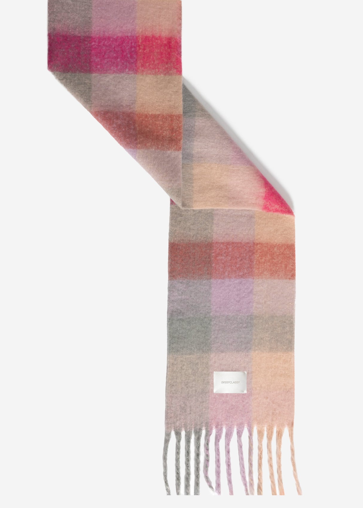 Checkered fluffy scarf with fringe - lilac