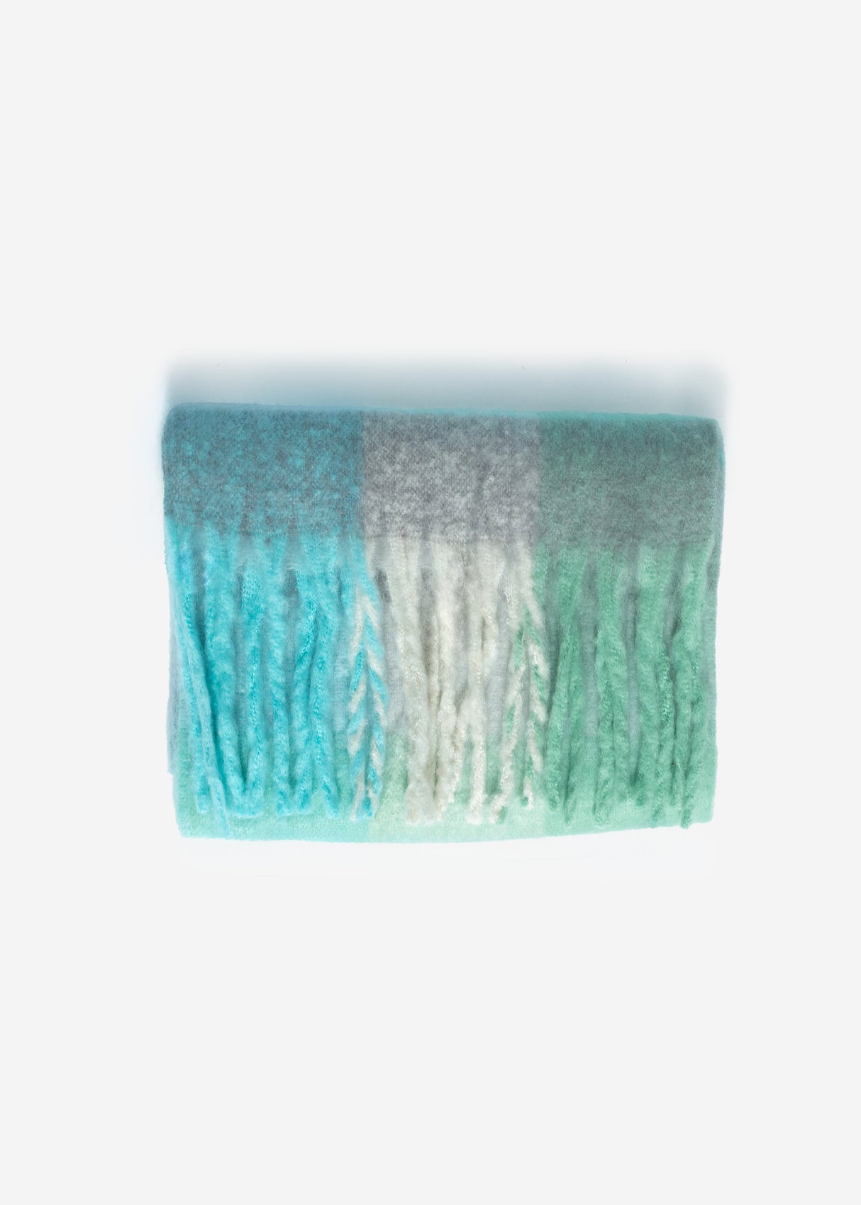 Checkered fluffy scarf with fringe - green