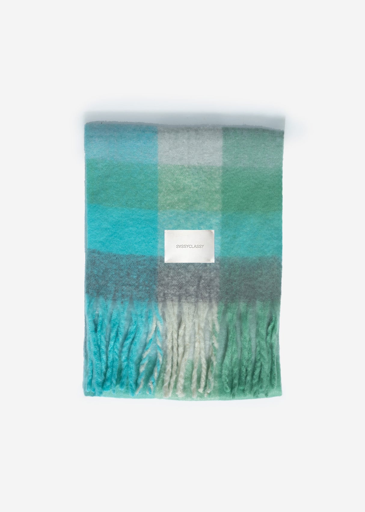 Checkered fluffy scarf with fringe - green