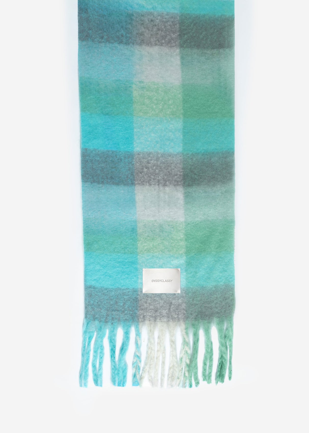 Checkered fluffy scarf with fringe - green