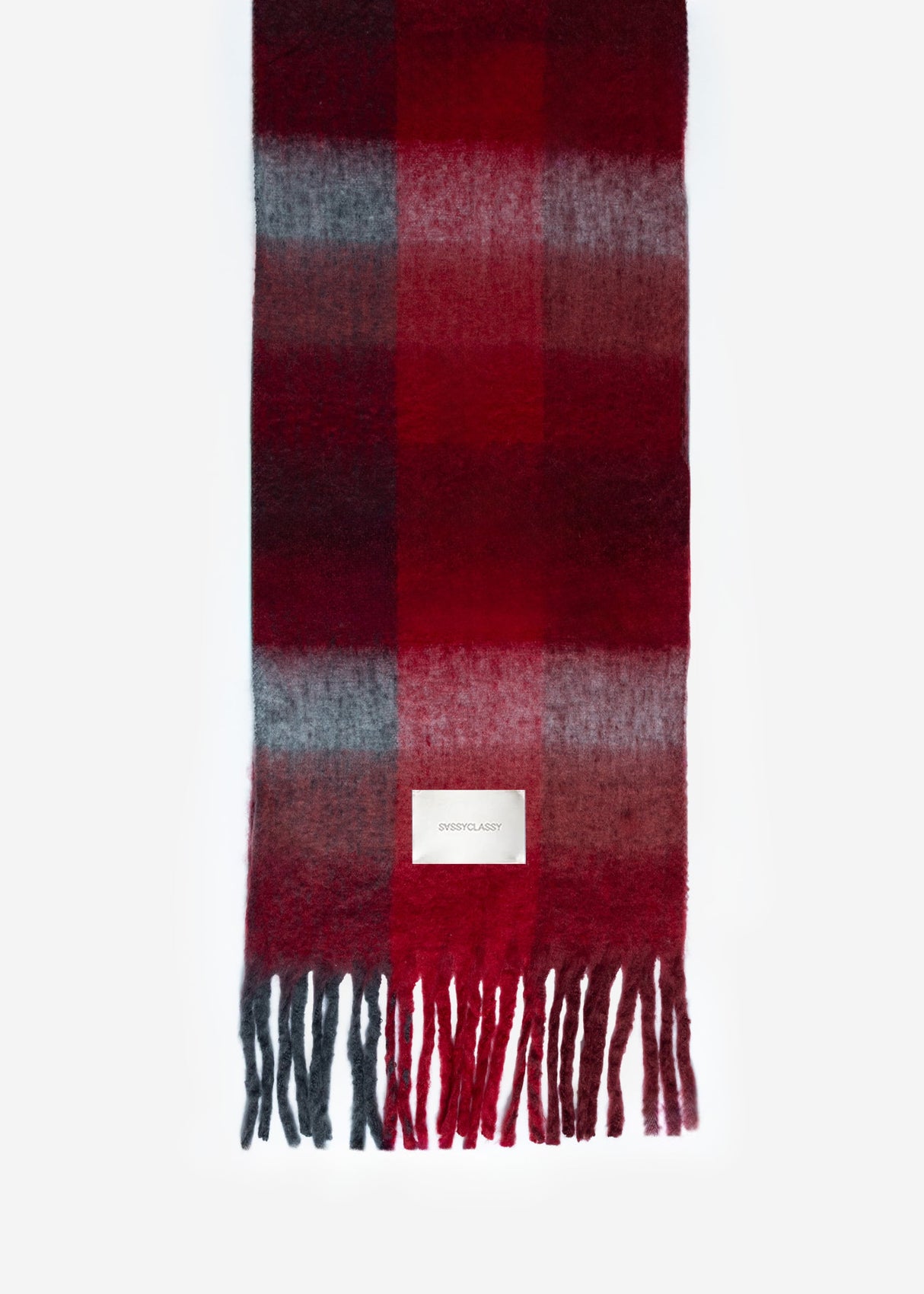 Checkered fluffy scarf with fringe - red